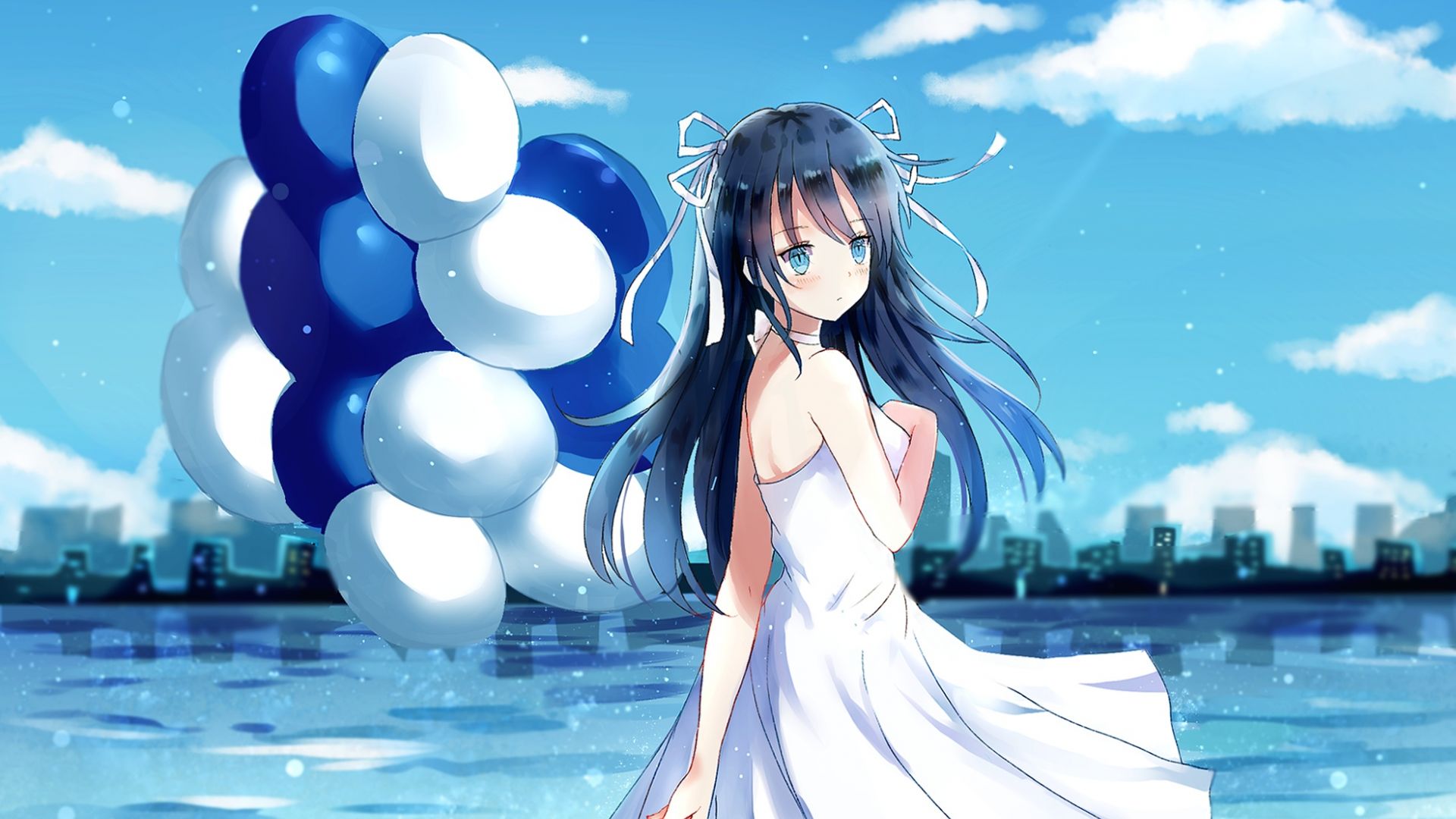 Wallpaper Balloons, white dress, anime girl, original