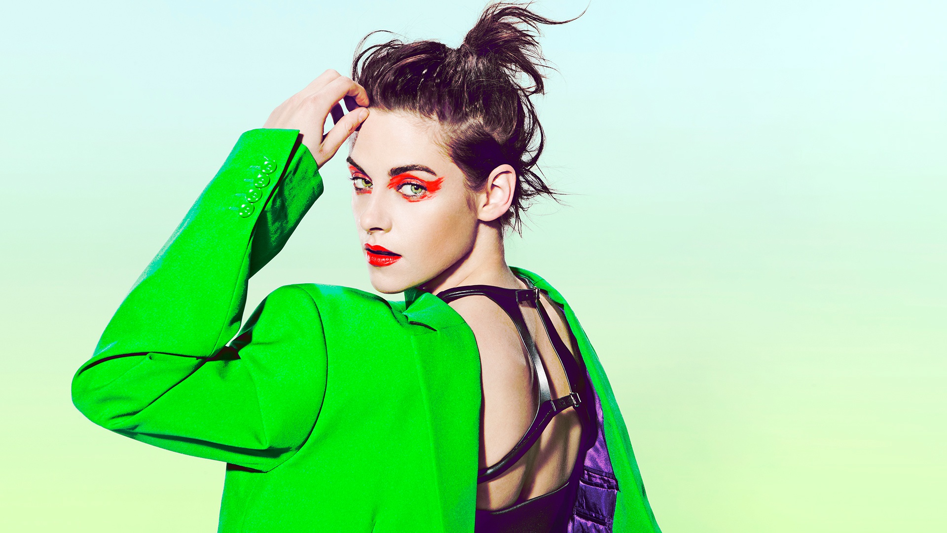 Wallpaper Kristen Stewart, makeup, green jacket