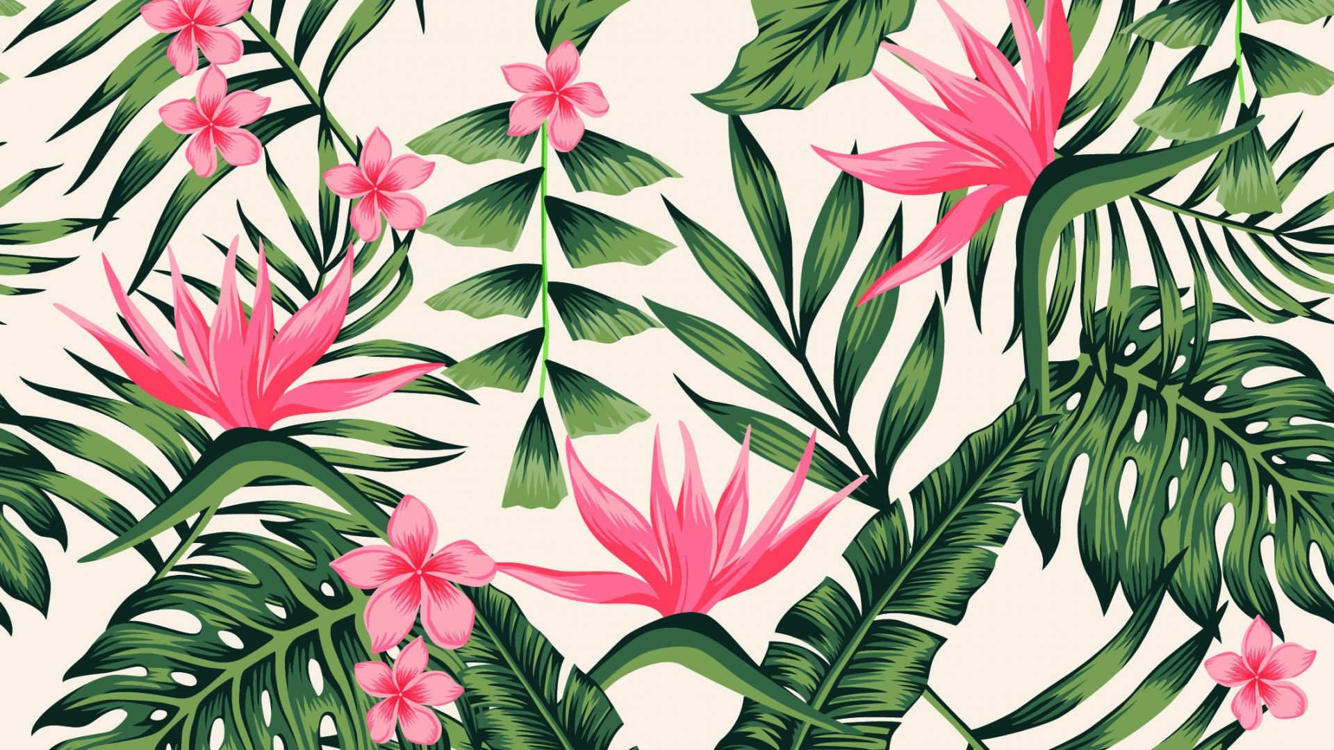 Wallpaper Pink flowers, leaves, vector art