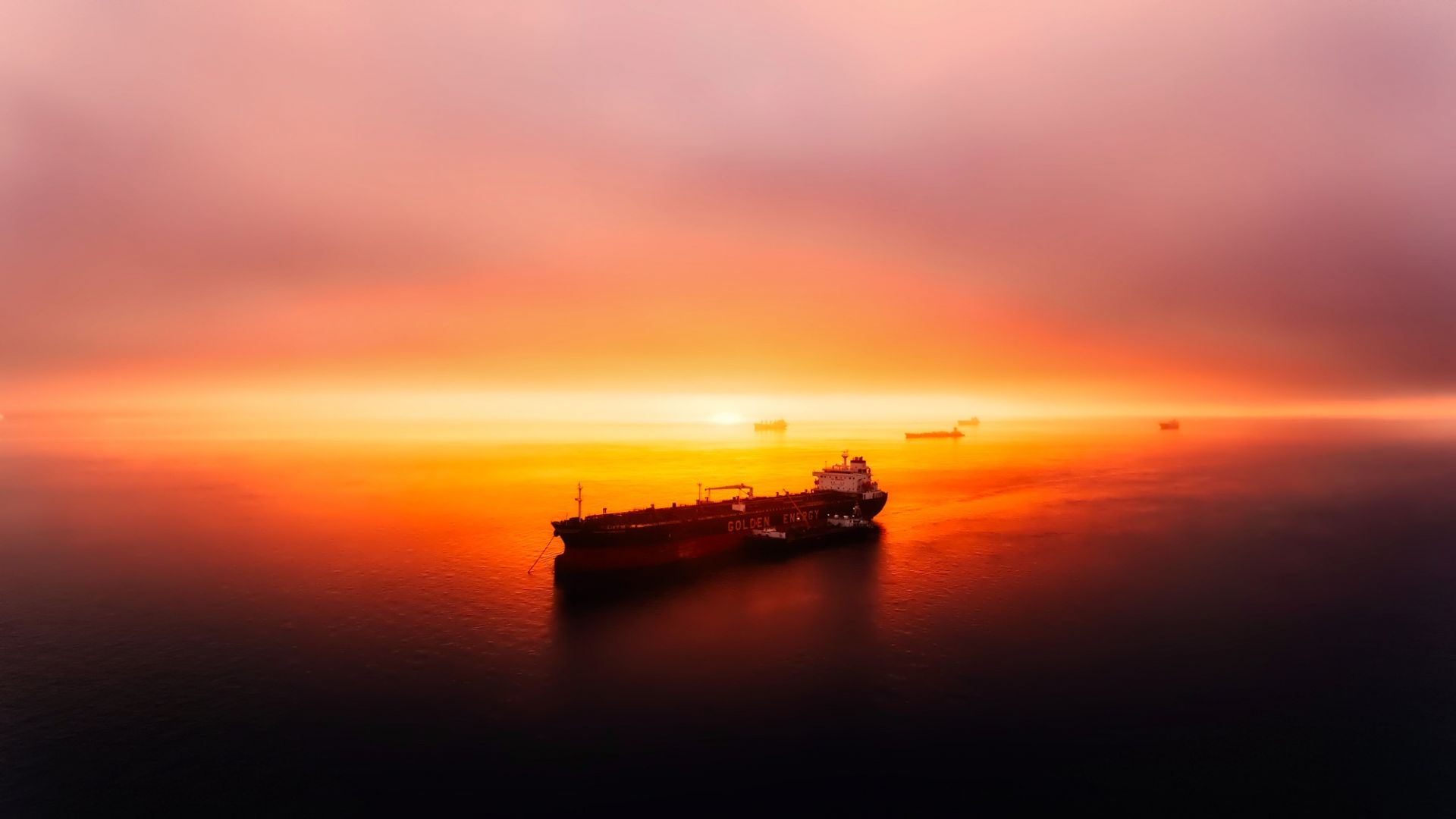 Wallpaper Sunset, cargo ship, sky, sea