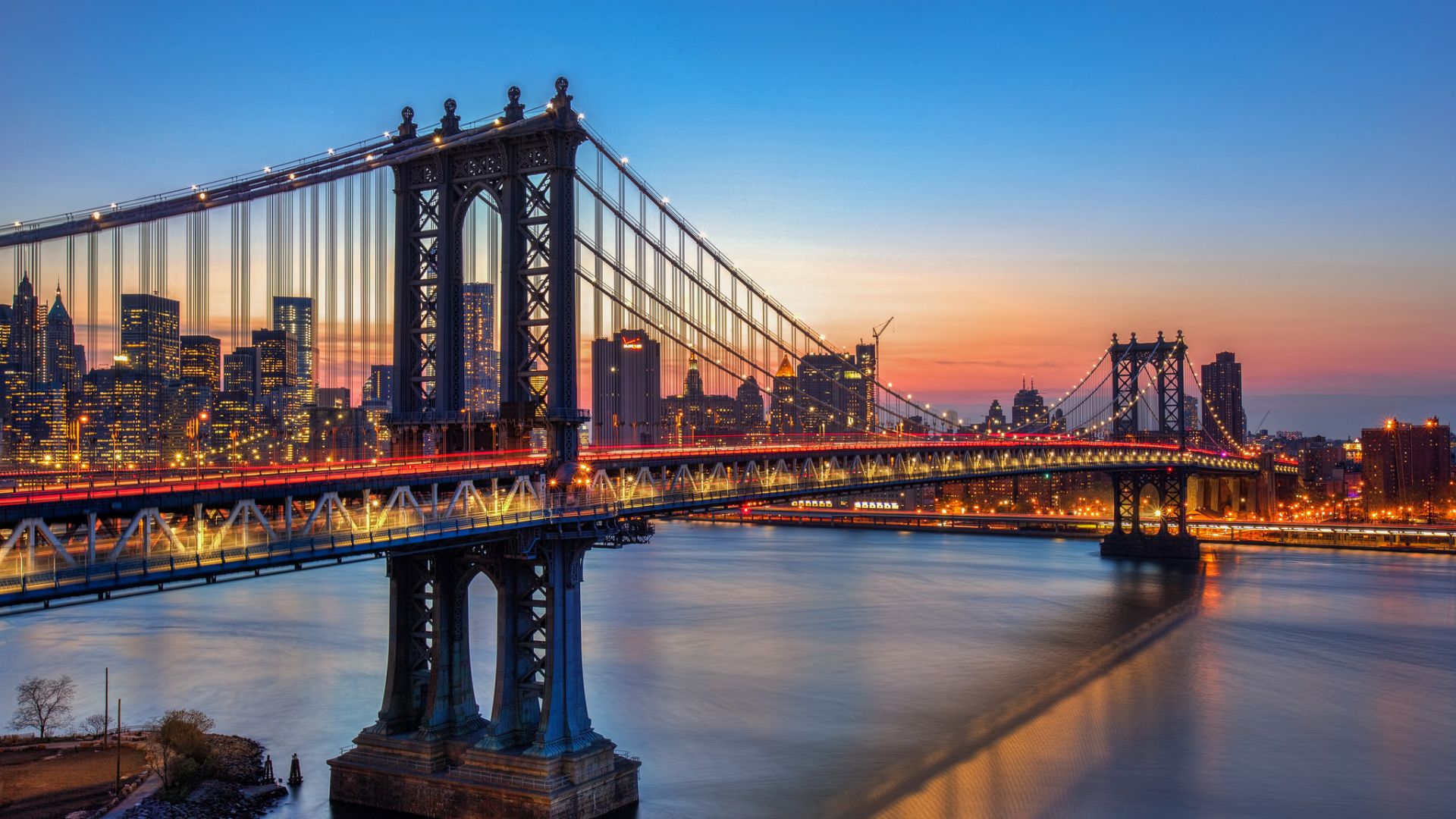 Wallpaper Manhattan Bridge, Suspension bridge, sunset, new york, city, lights