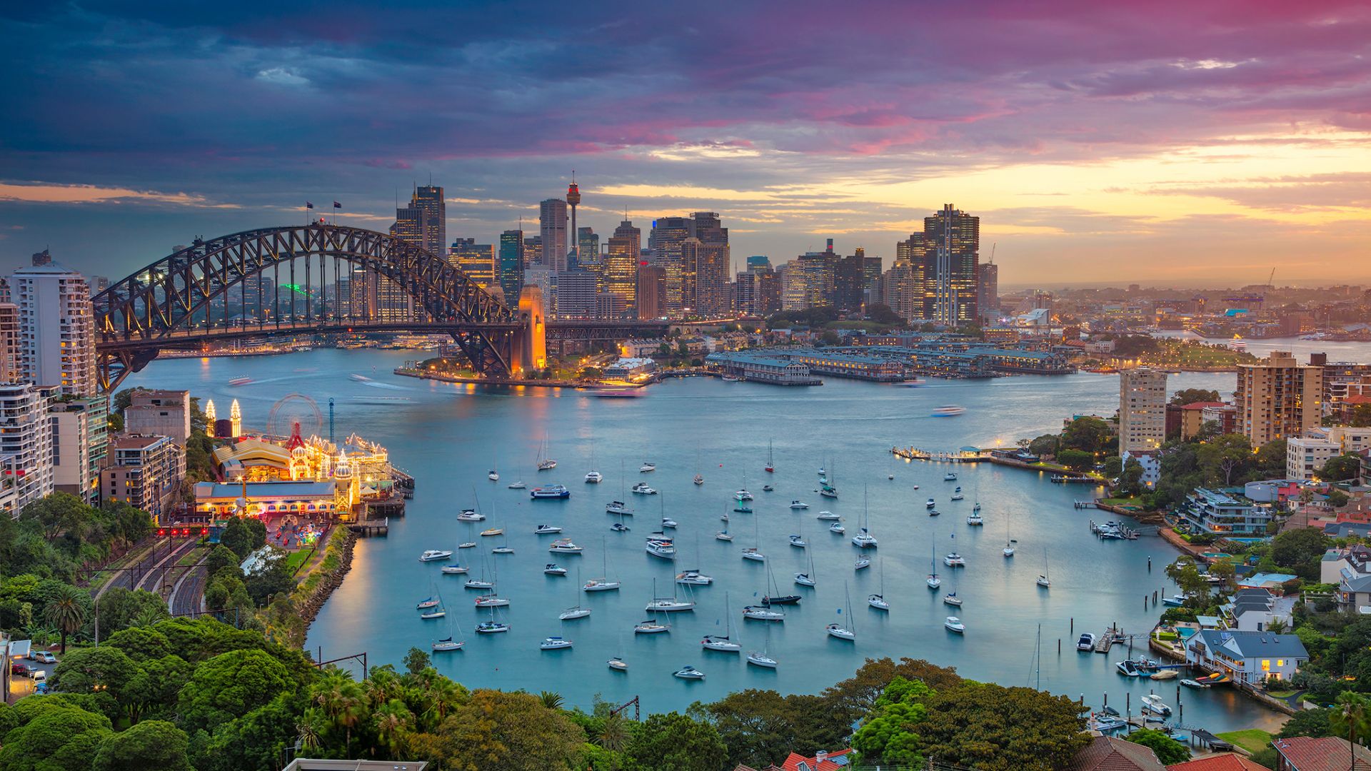 Wallpaper Sydney, Sydney harbour, Bridge, city, skylines, sea, sunset
