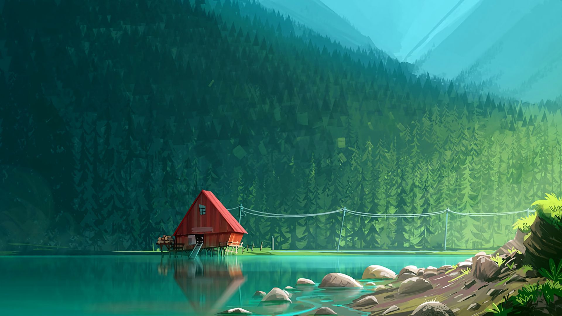 Wallpaper Illustration, artwork, house, lake, forest