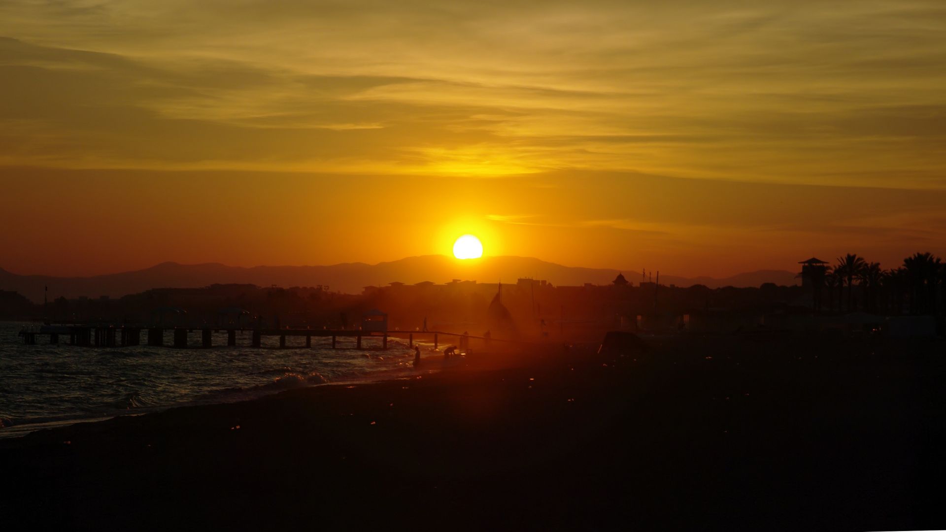 Wallpaper Sunset, sea, sun, bridge, skyline