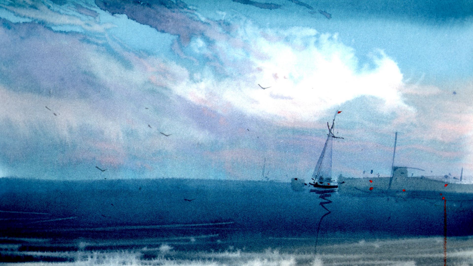 Wallpaper Ship, sea, blue sky, art