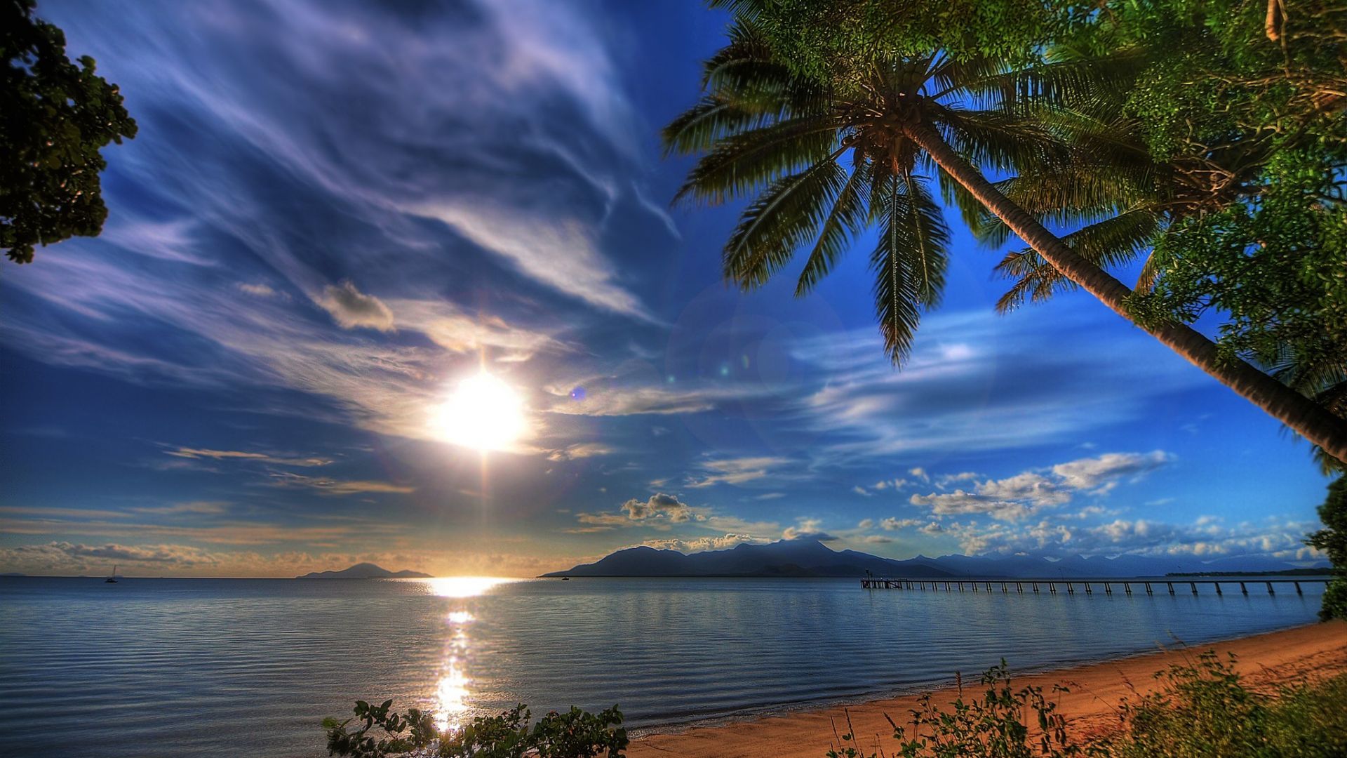 Wallpaper Tropical beach, sunset, palm trees