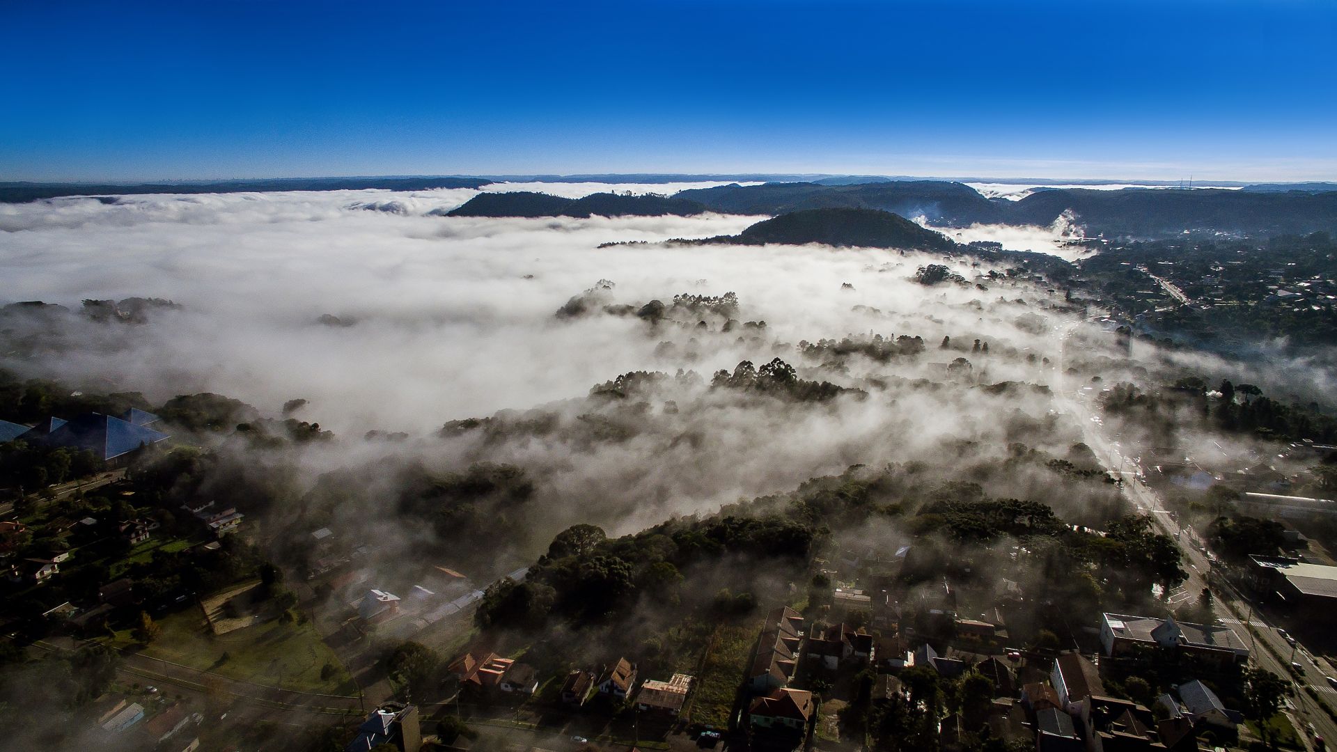 Wallpaper Clouds over city, mist, fog, aerial view