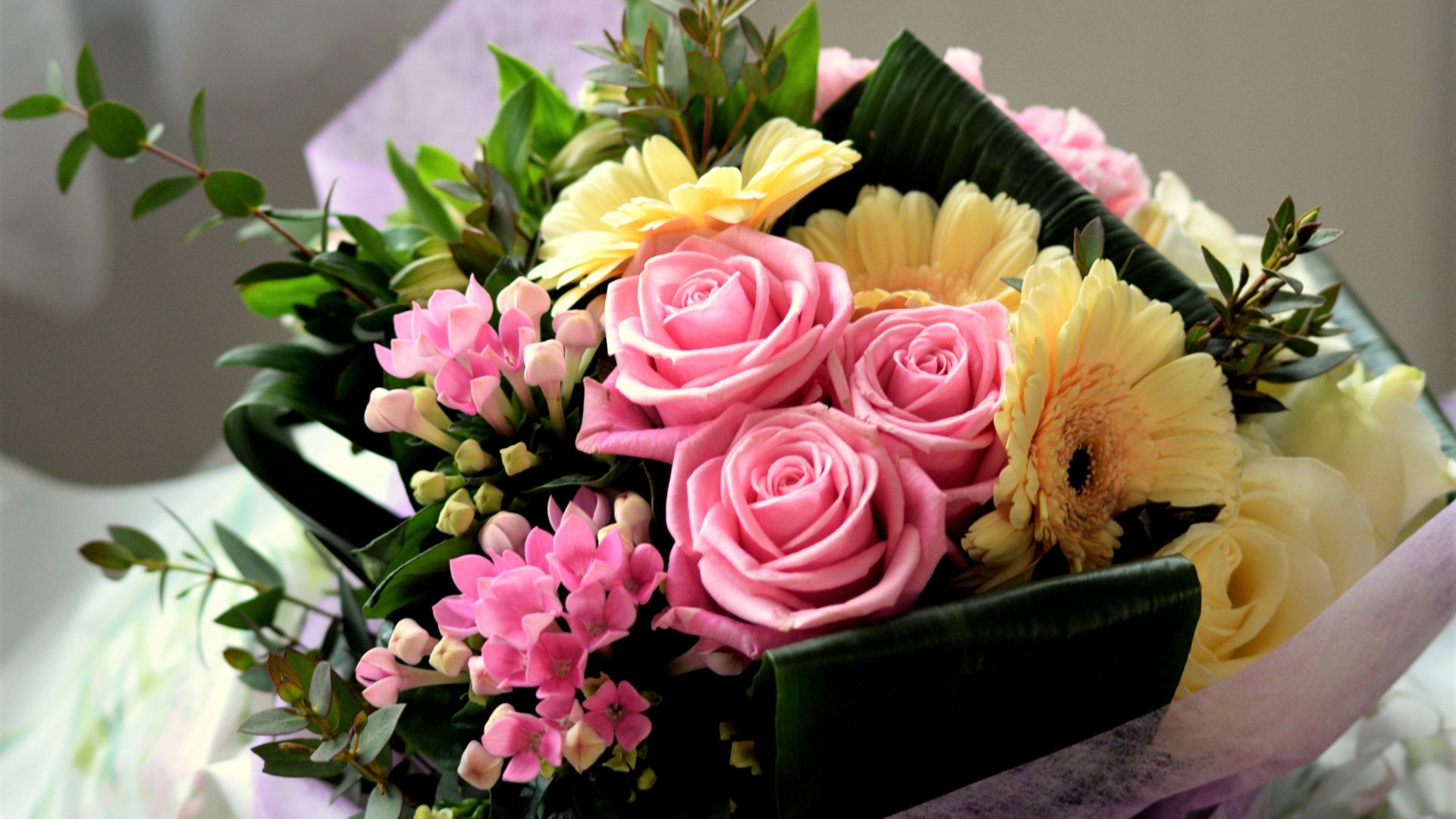 Wallpaper Colorful flowers, roses, Gerbera, basket