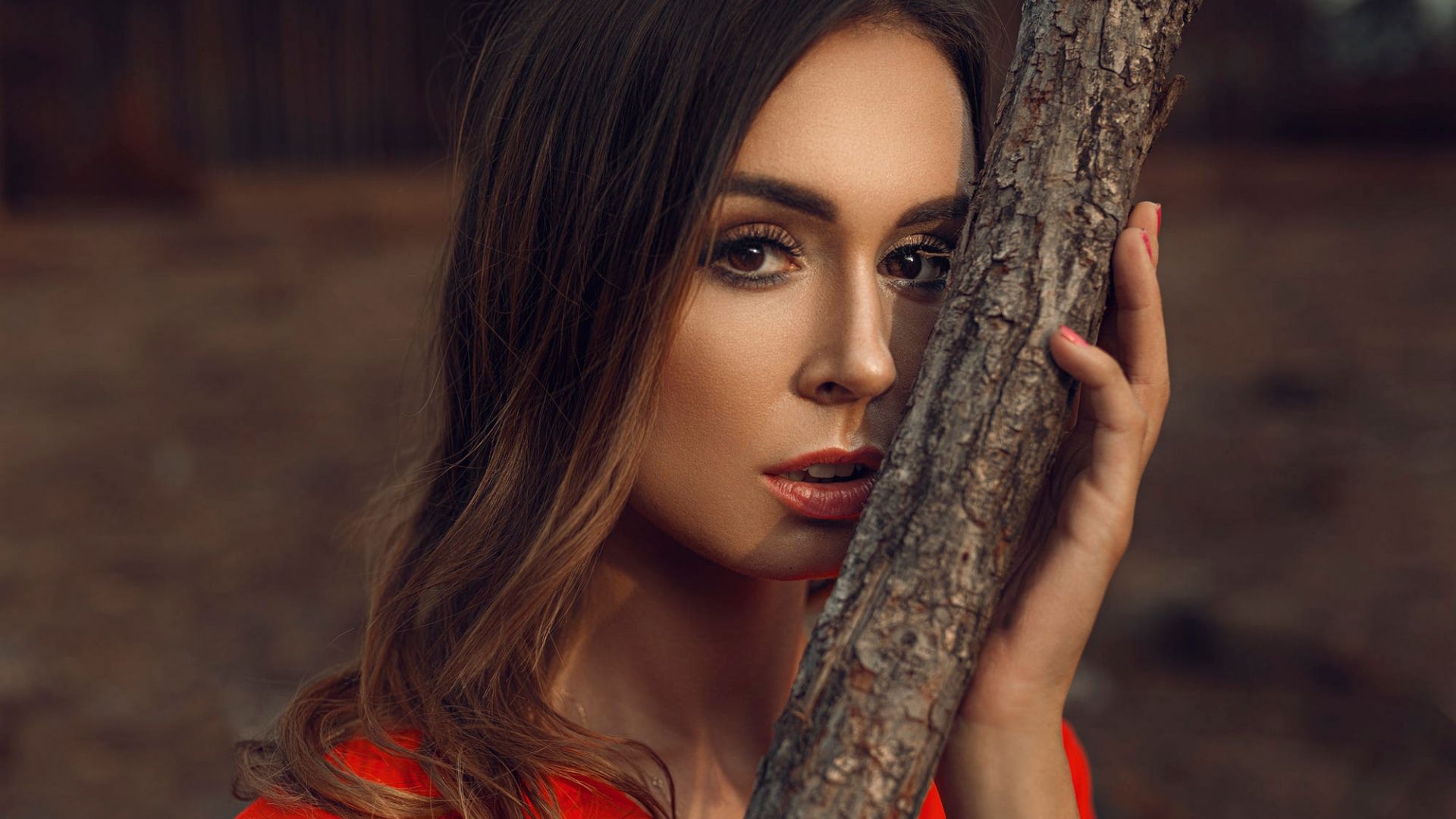 Wallpaper Brunette, girl model, stare, red dress