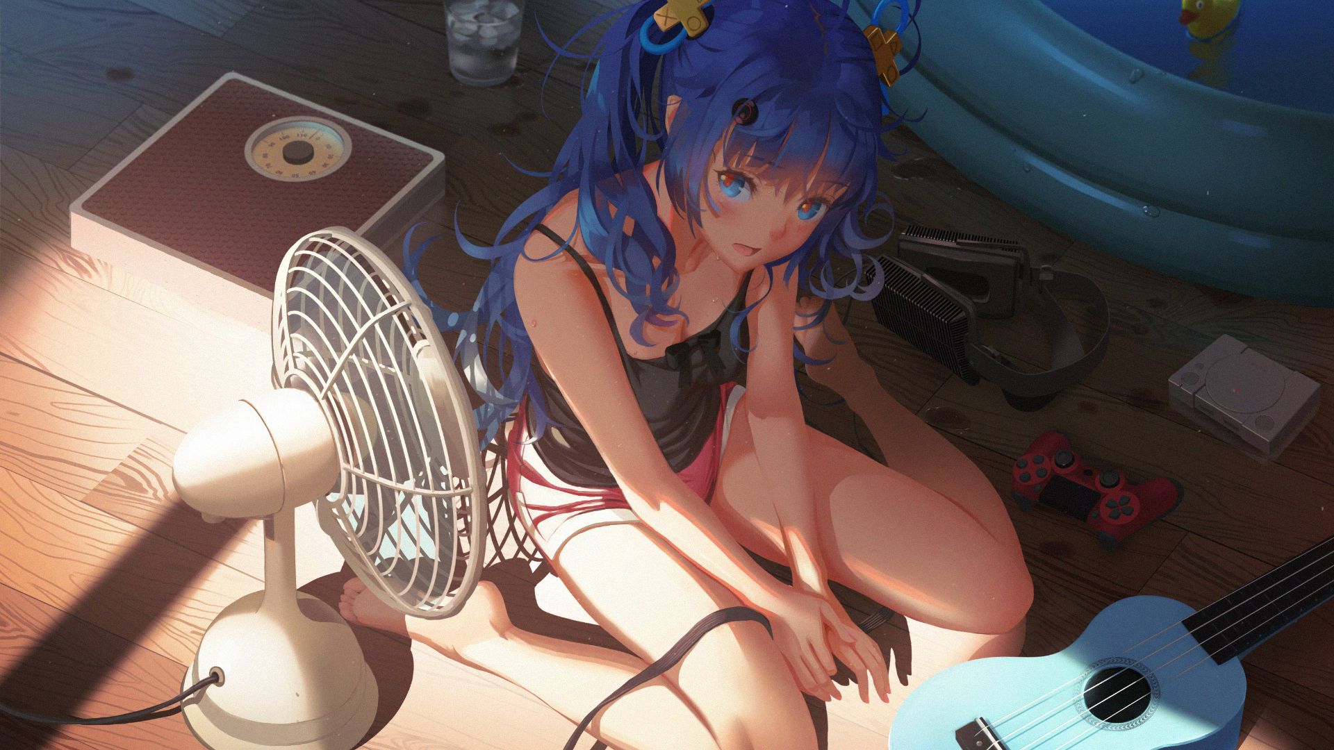 Desktop Wallpaper Cute, Anime Girl Playing Guitar, Blue Hair, Original, Hd  Image, Picture, Background, D3cfb3