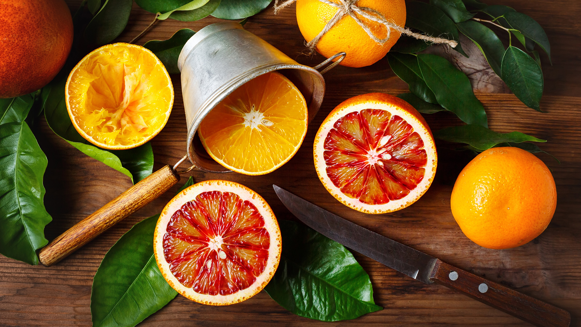 Wallpaper Oranges, citrus fruits, leaves, slices
