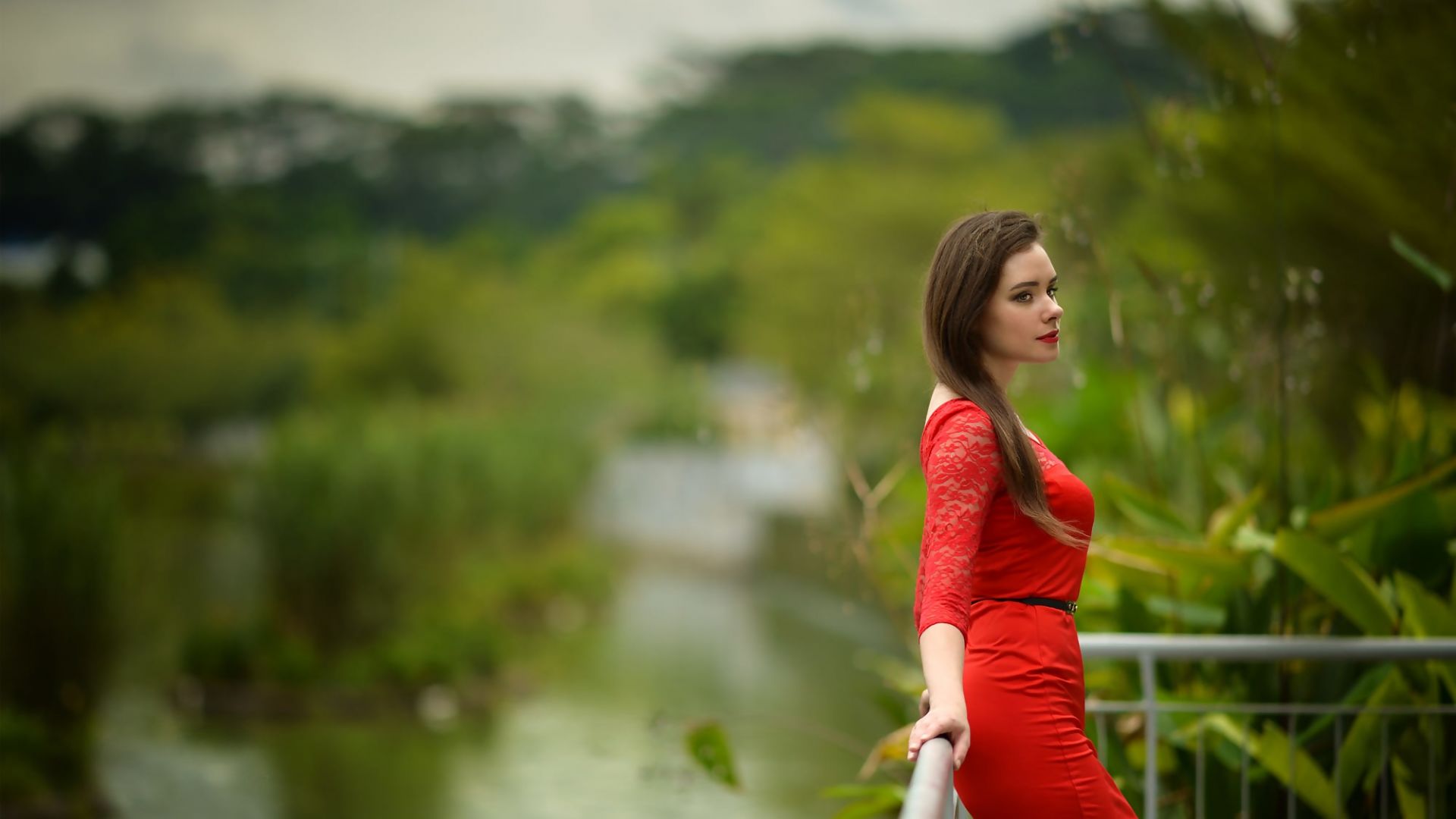 Wallpaper Red dress, outdoor, brunette, girl model