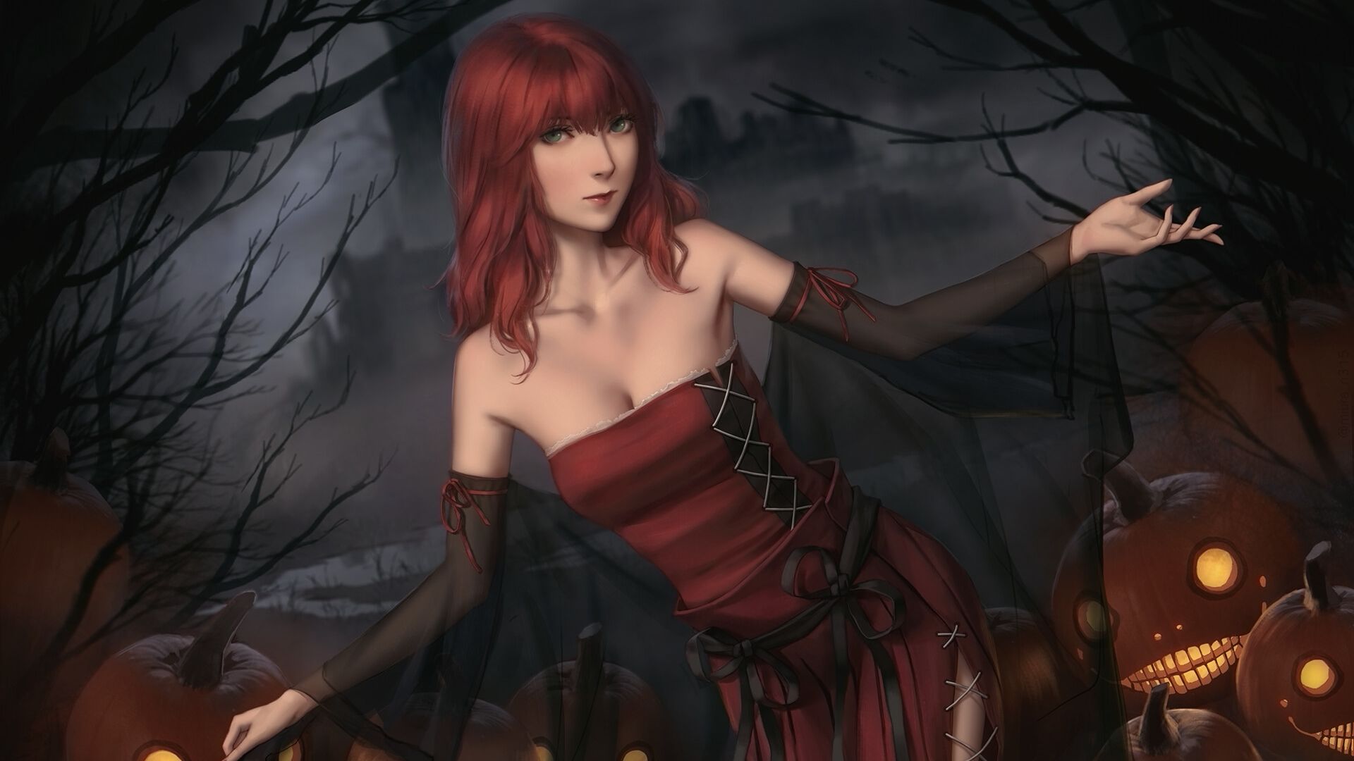 Wallpaper Redhead girl, Halloween, fantasy