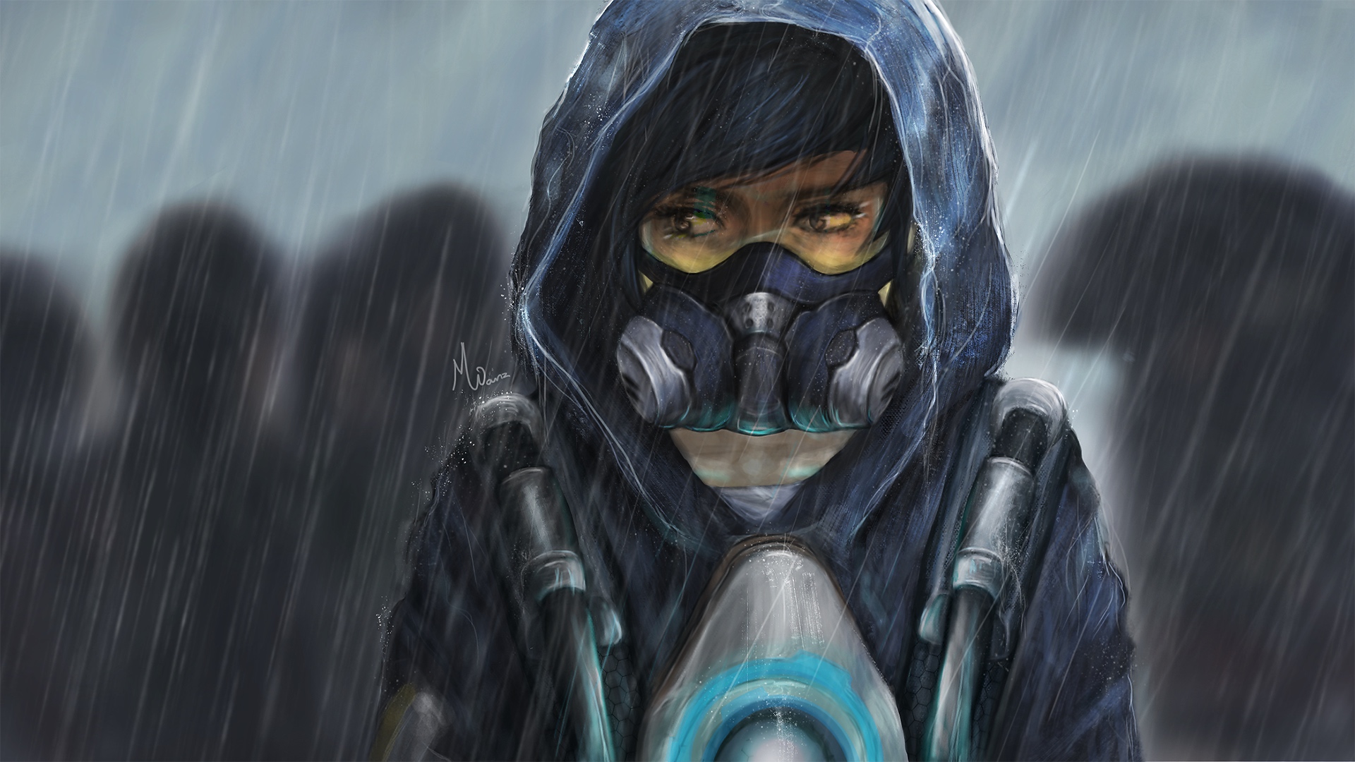 Wallpaper Mask, tracer, overwatch, girl, rain, hoodies, art