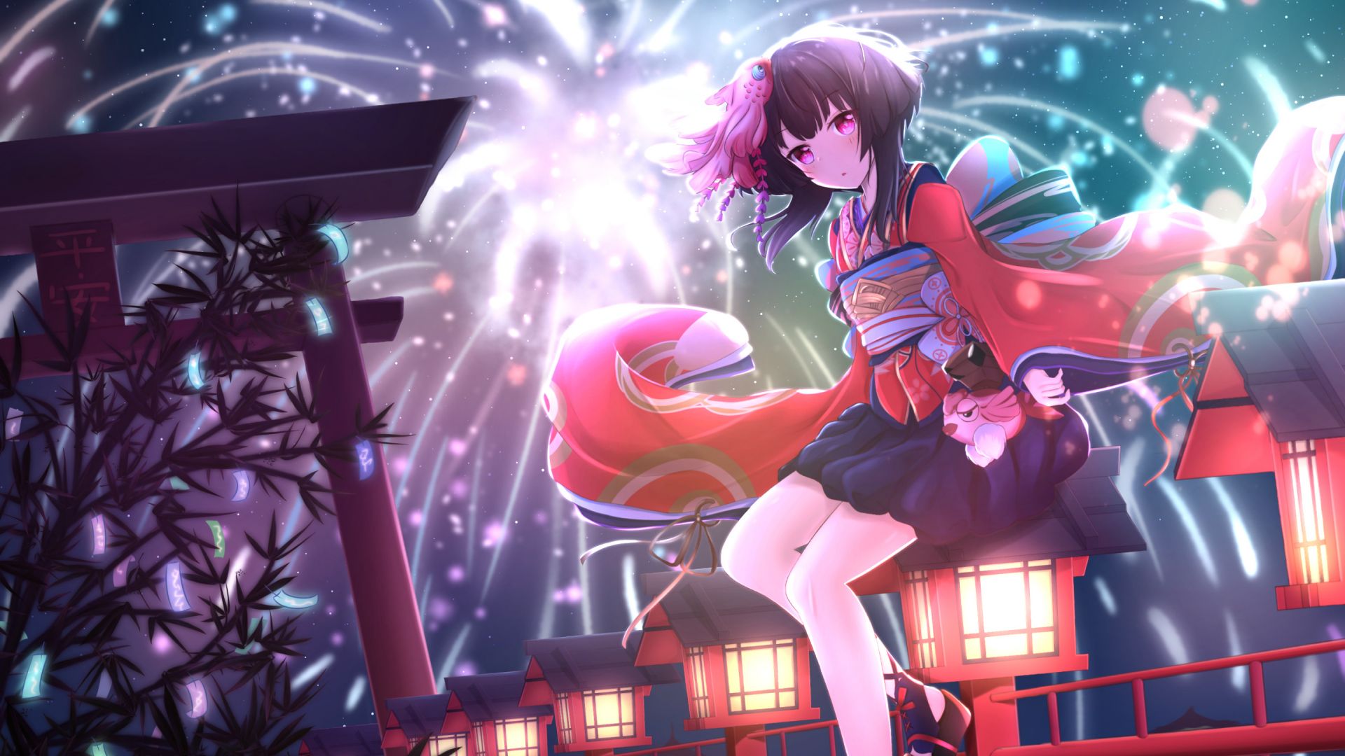 Wallpaper Anime girl, fireworks, japanese traditional dress, celebration