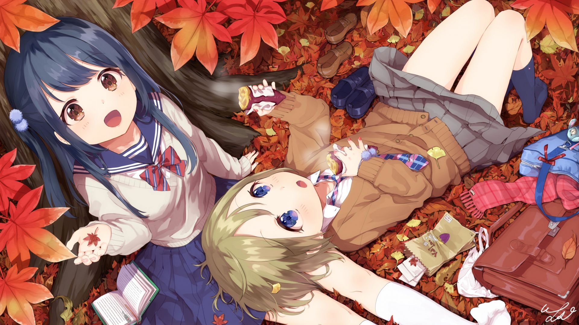 Wallpaper Autumn, anime girls, sitting, 4k