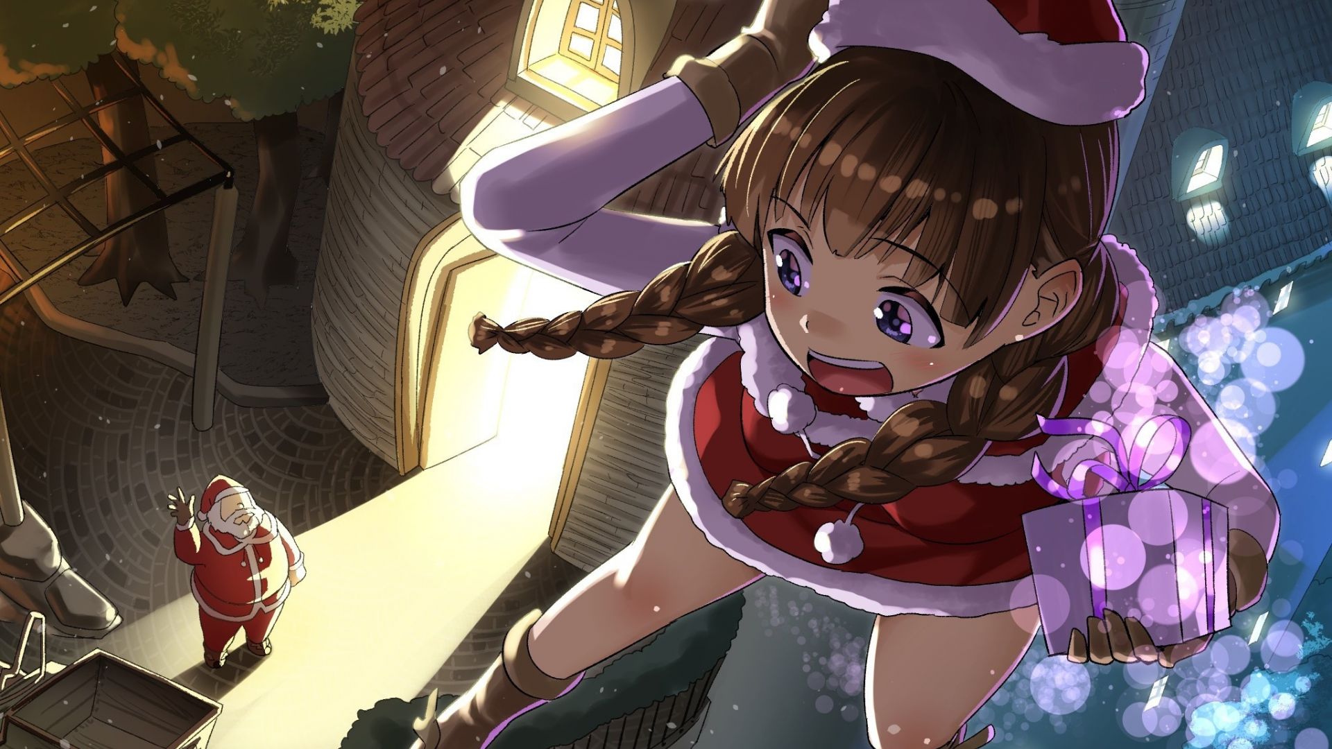 Wallpaper Santa, anime girl, Christmas, flight, original