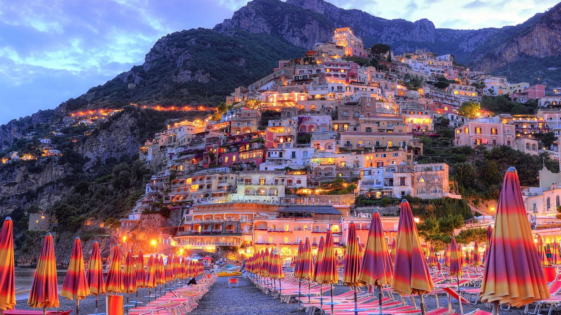Wallpaper Amalfi, city, resort, apartments, mountains, sunset