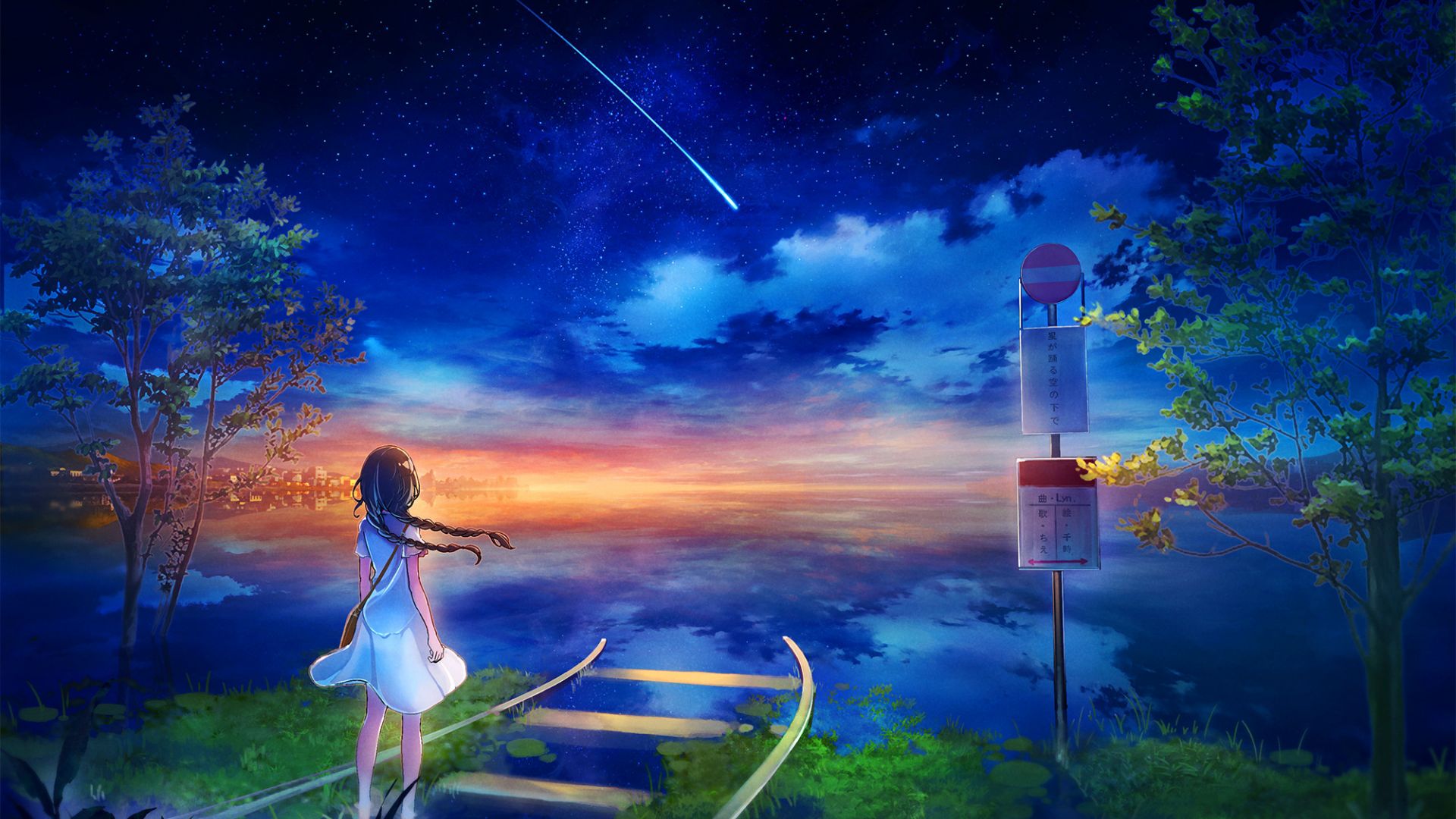Wallpaper Night out, anime girl, fantasy, colorful skyline