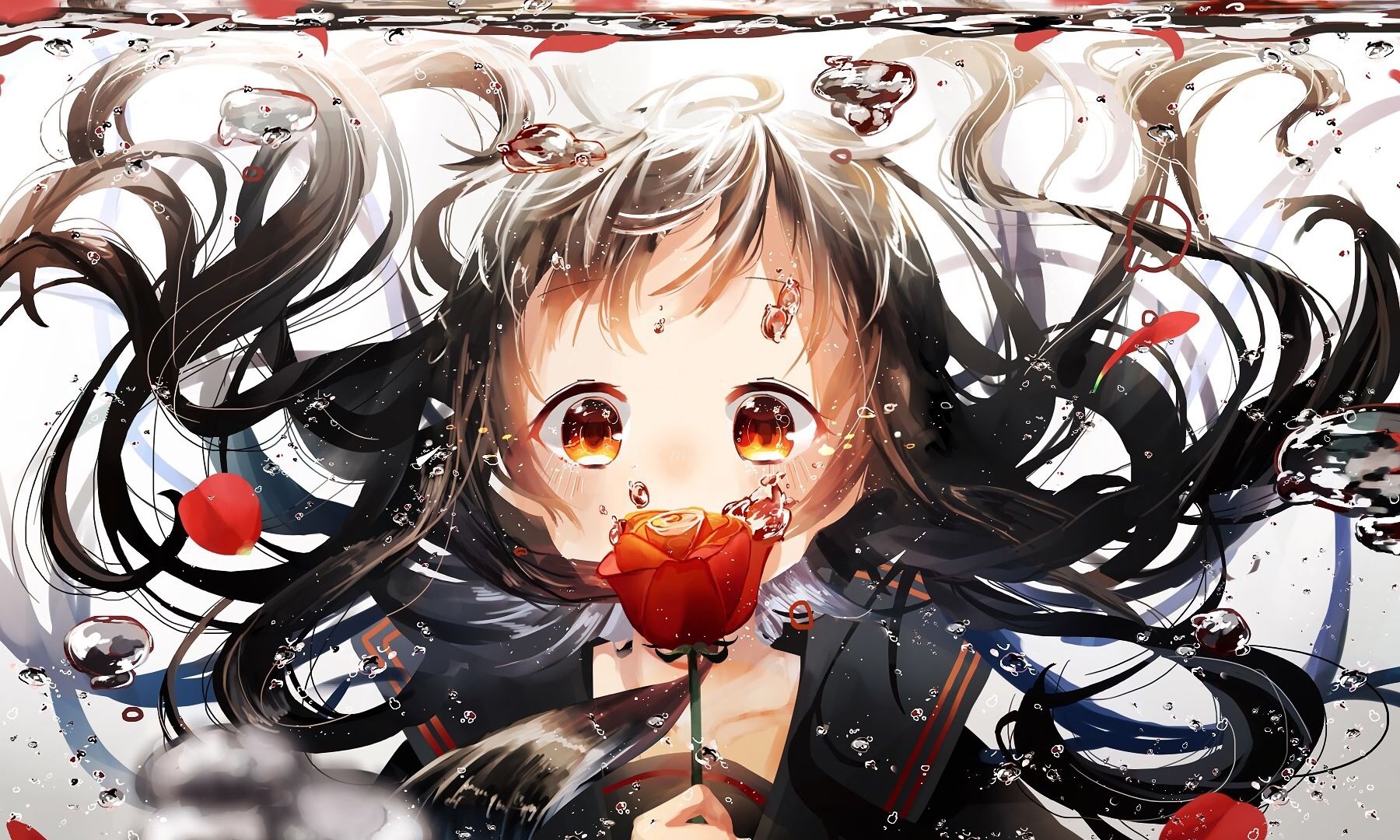 Wallpaper Rose, black hair, anime girl, underwater, bubbles, original