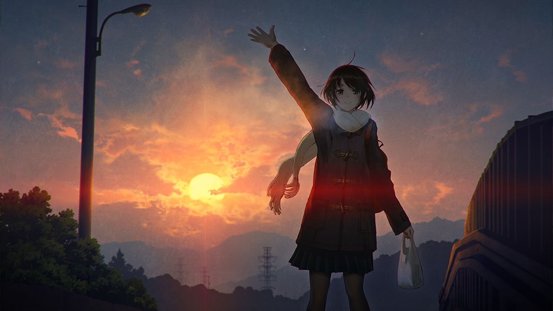 Wallpaper Anime girl, outdoor, sunset, short hair