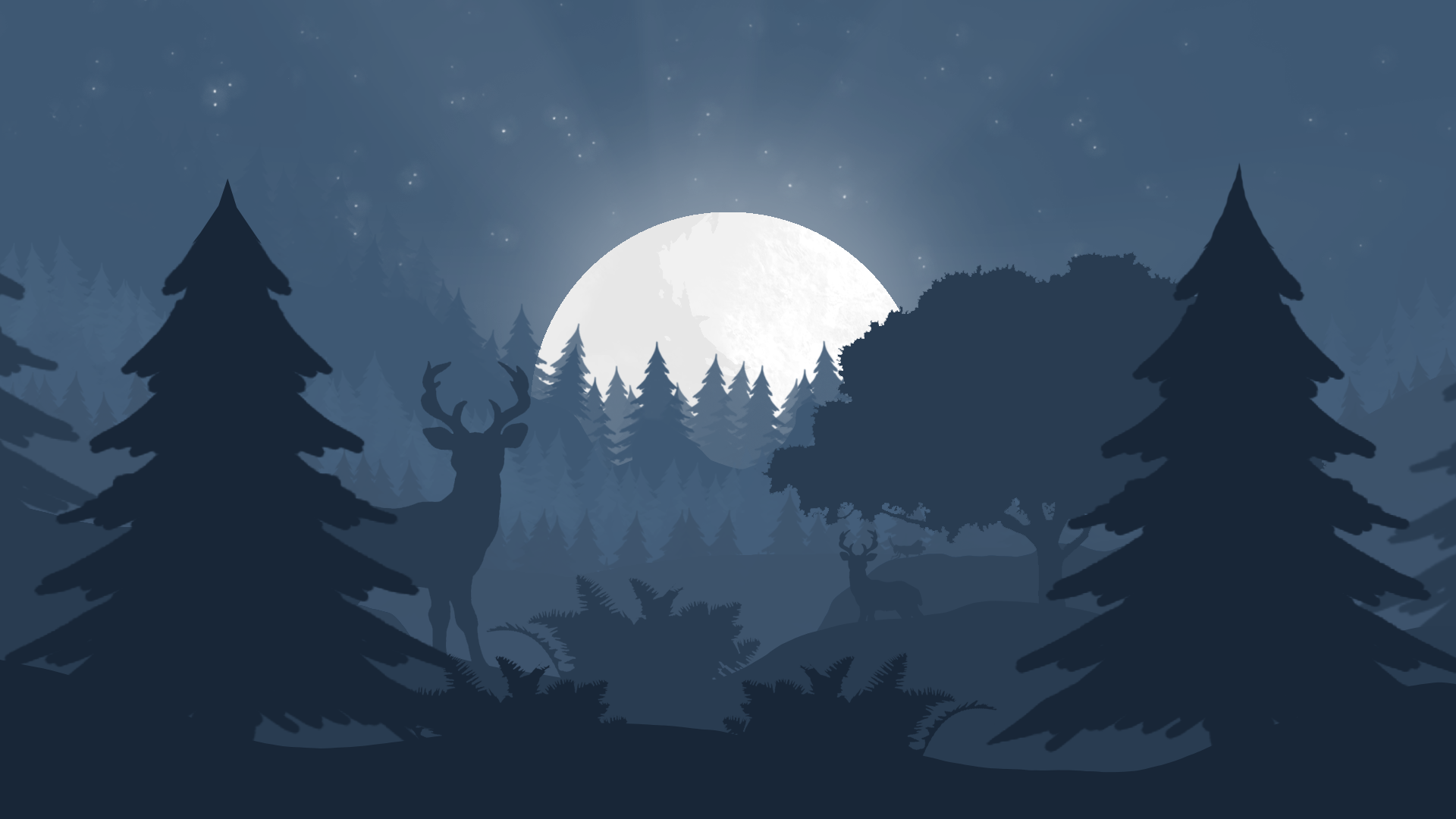 Wallpaper Forest, reindeer, tree, night, minimal, art