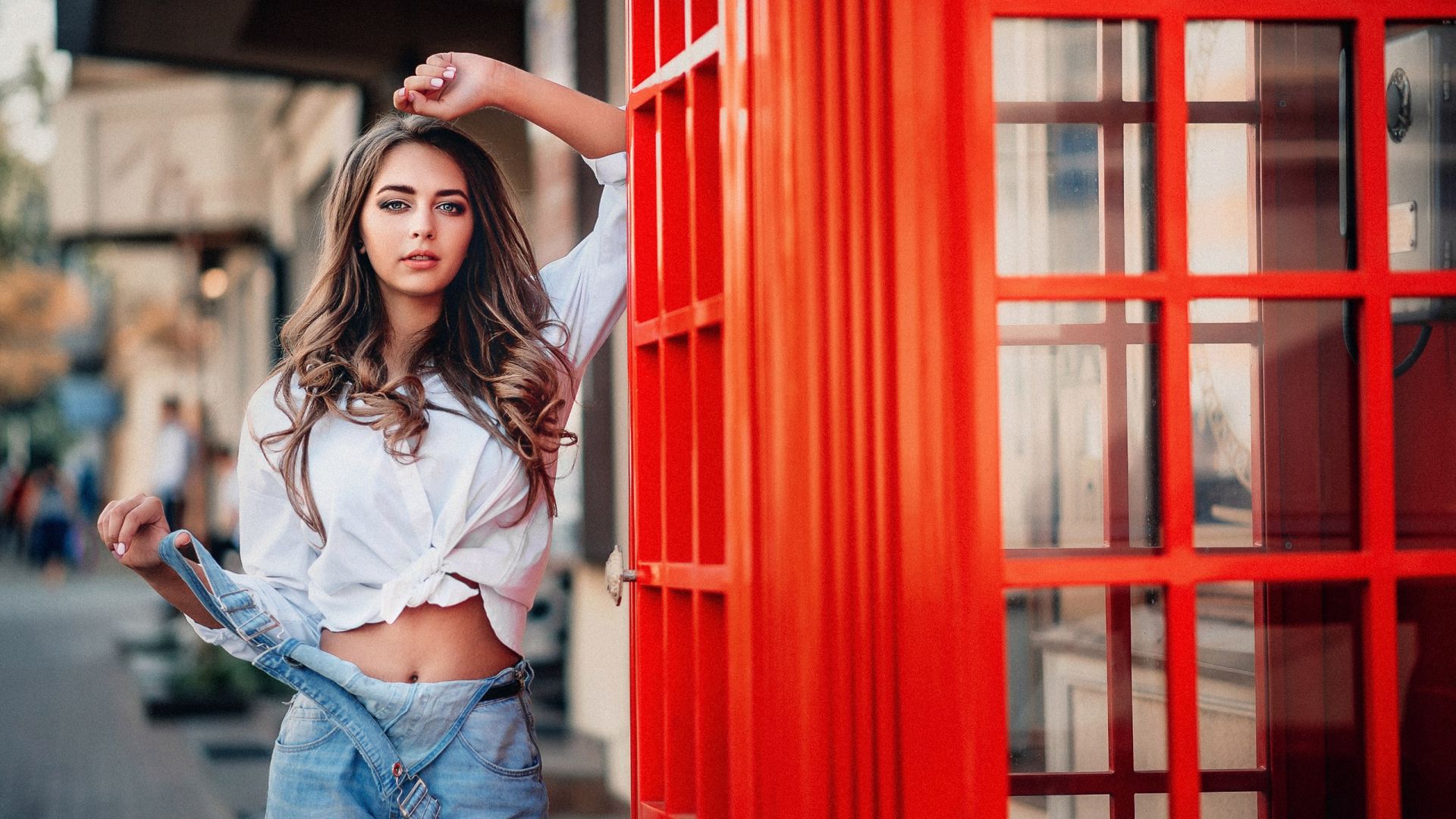 Wallpaper Girl model, telephone booth, jeans