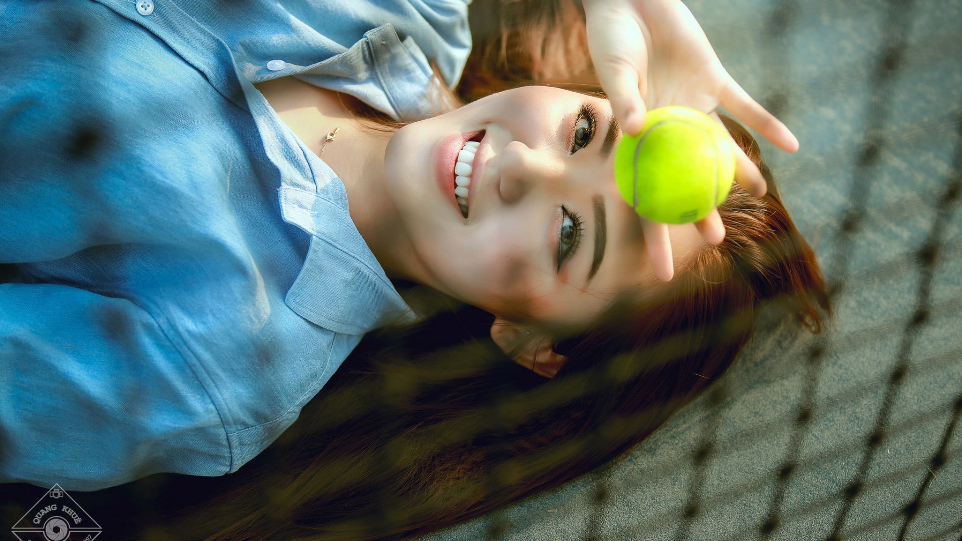 Wallpaper Smile, Asian model, tennis ball