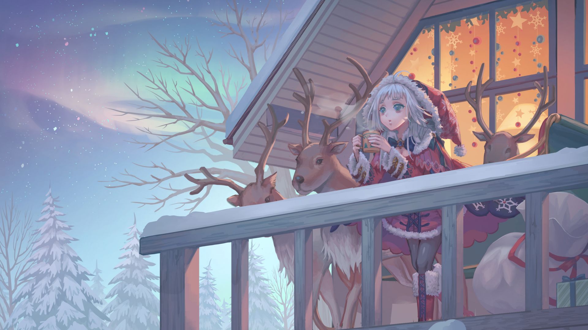 Wallpaper Christmas, santa, anime girl, reindeer