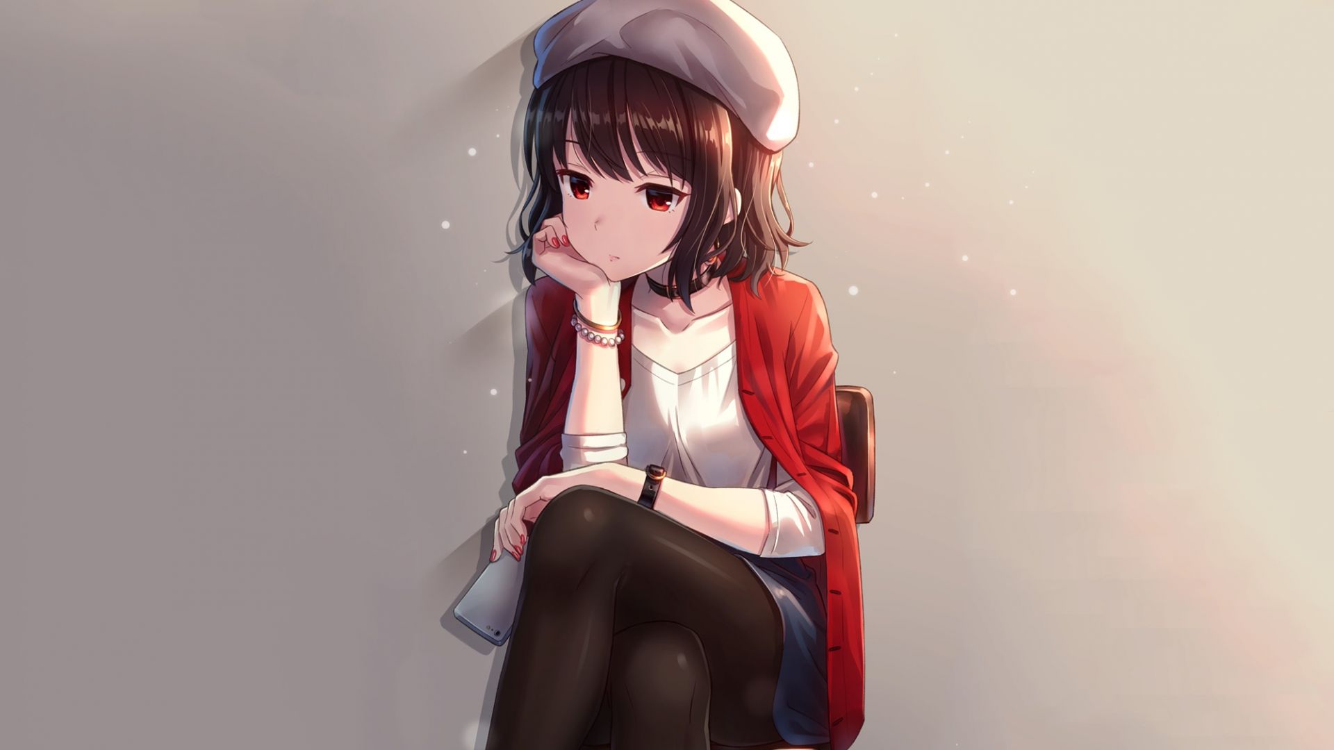 Wallpaper Red eyes, cute anime girl, sitting, original