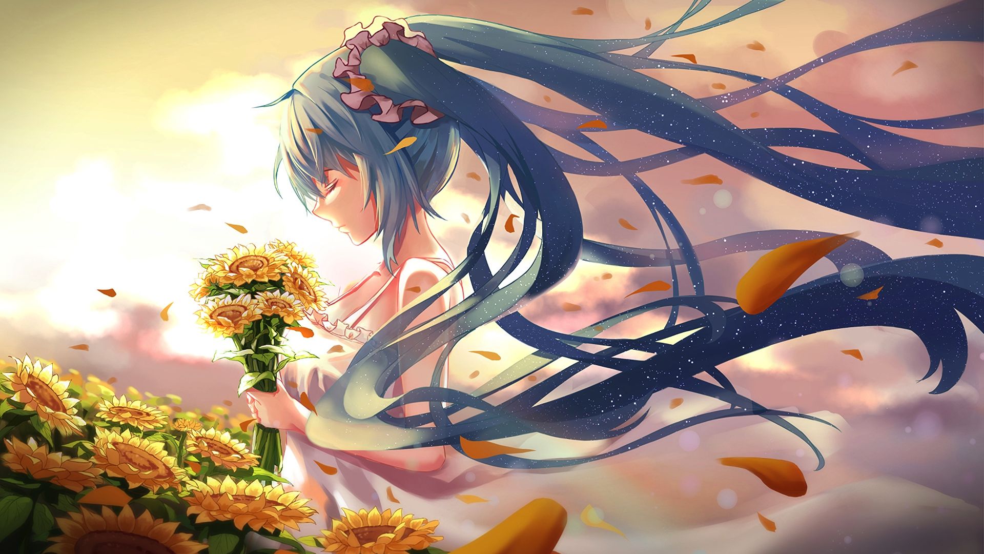Wallpaper Quite, anime girl, hatsune miku, sunflowers