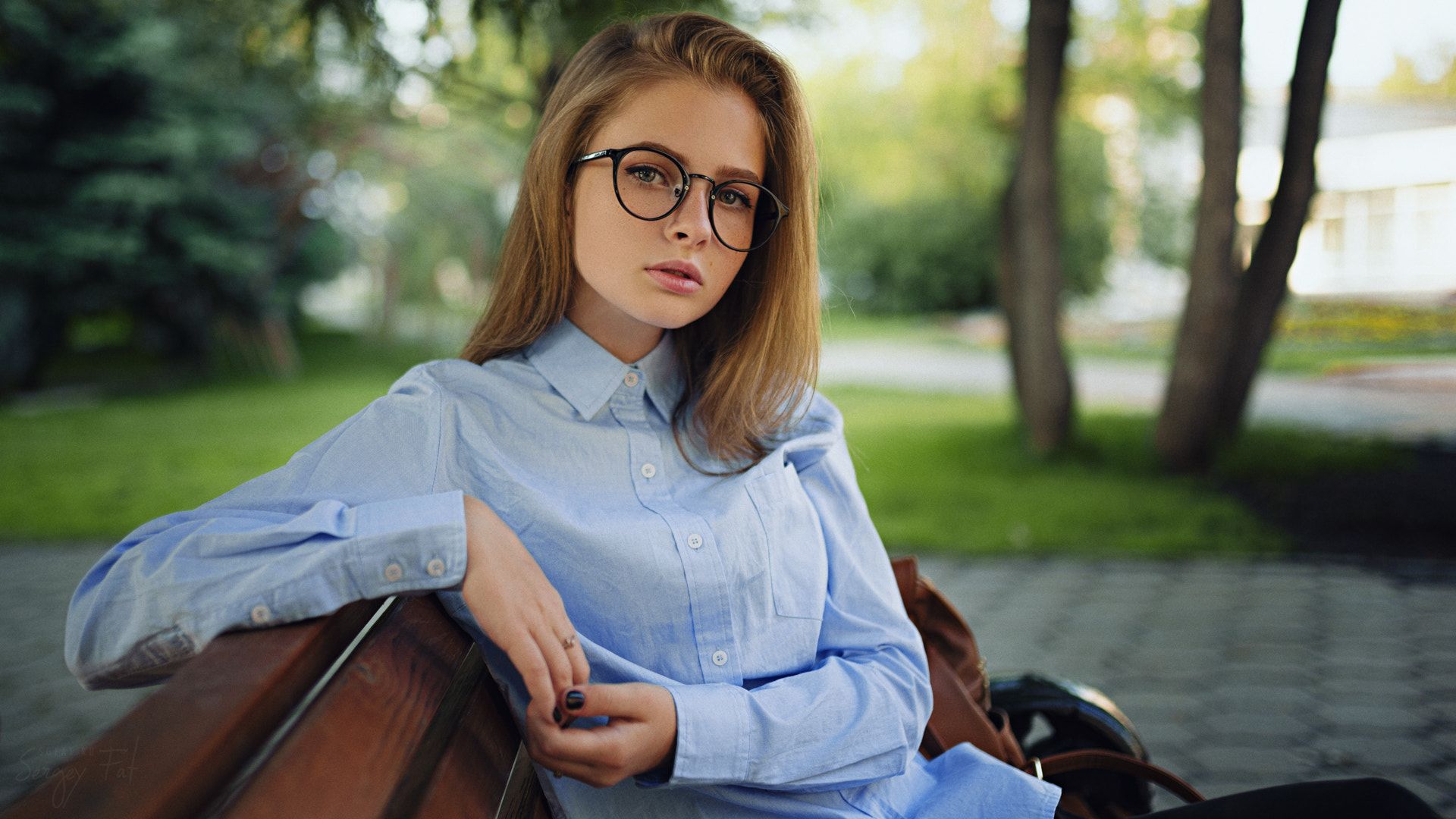 Wallpaper Girl model, garden, glasses, sit, bench