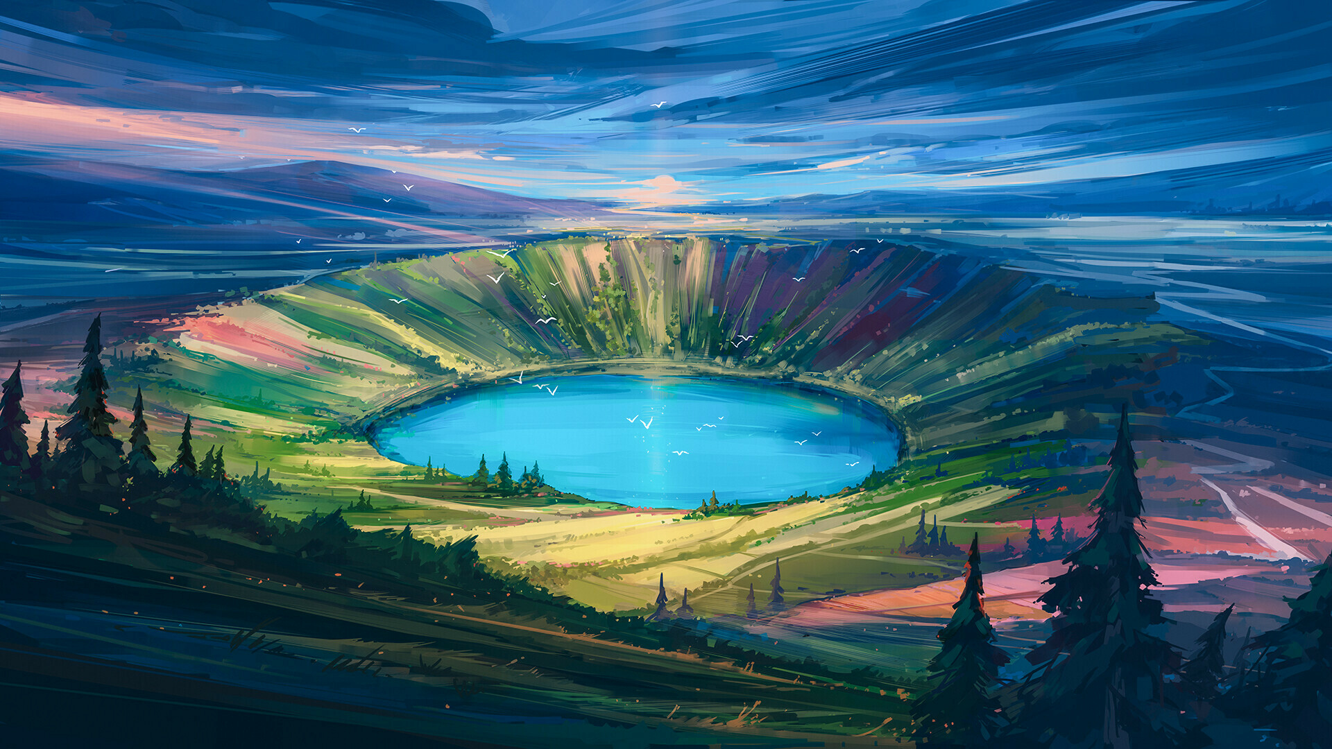 Wallpaper Lake, crater, high, sunset, art