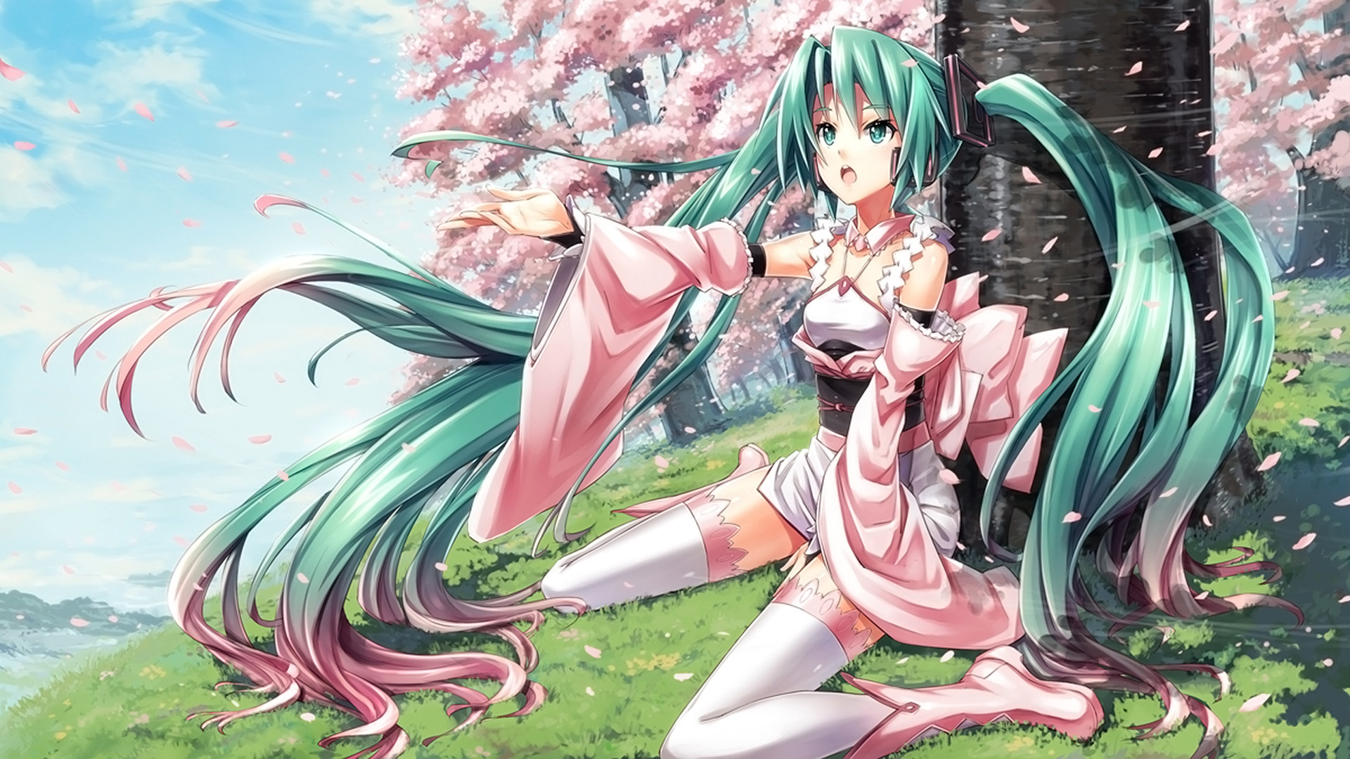 Wallpaper Blossom, anime girl, hatsune miku, outdoor