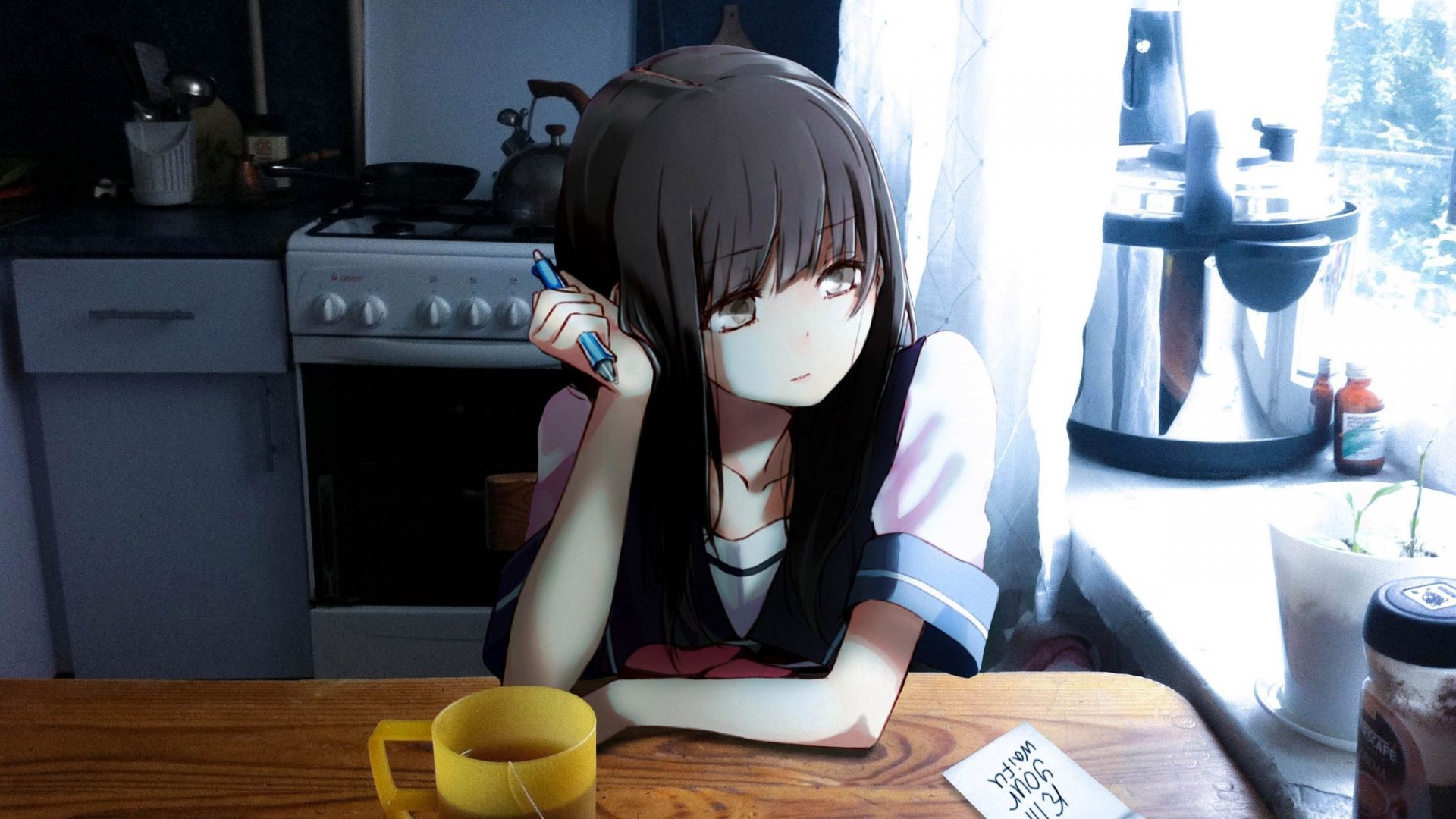 Wallpaper Kitchen, anime girl, thinking