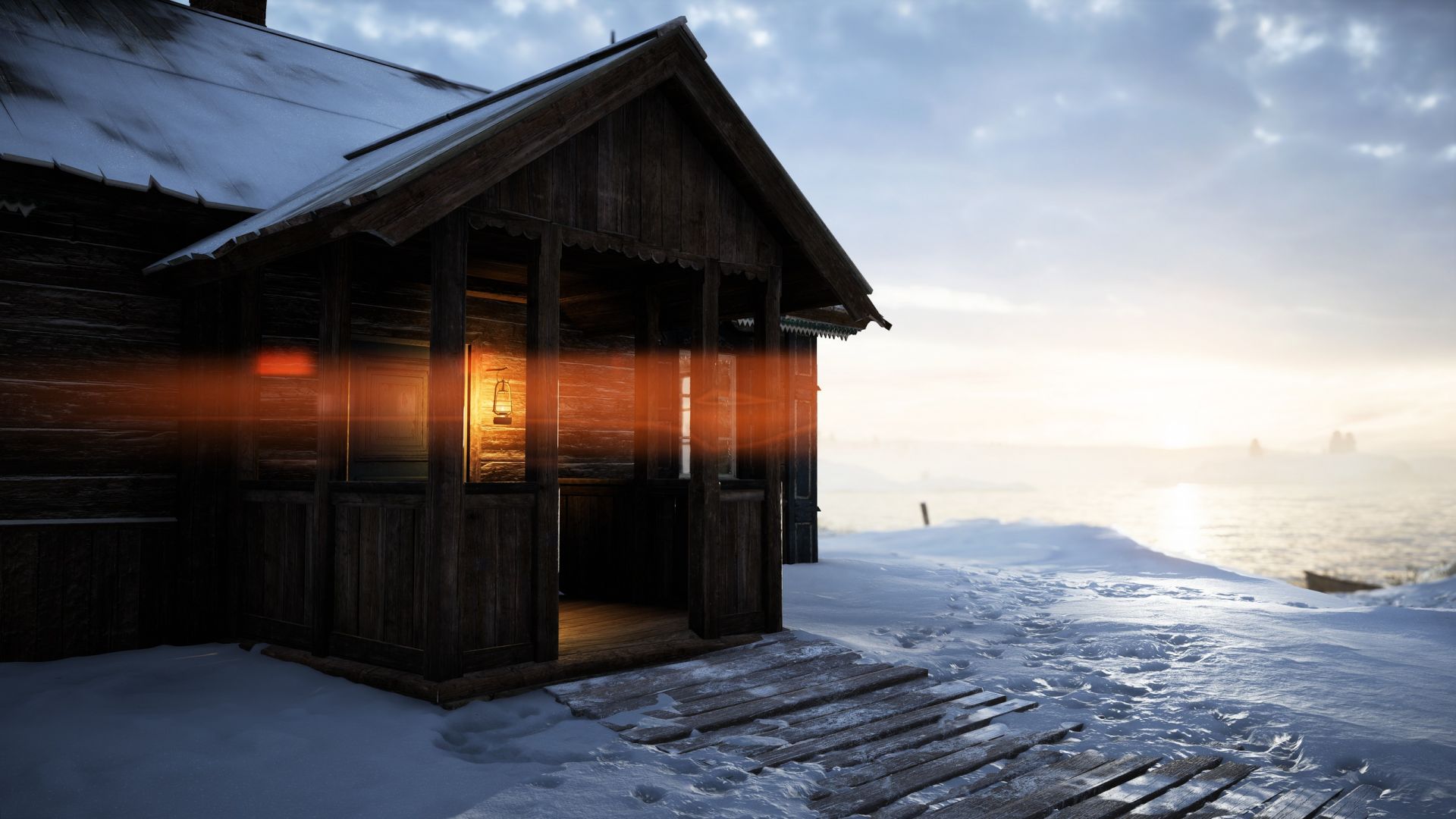 Wallpaper Cottage, house, winter, snow, lantern