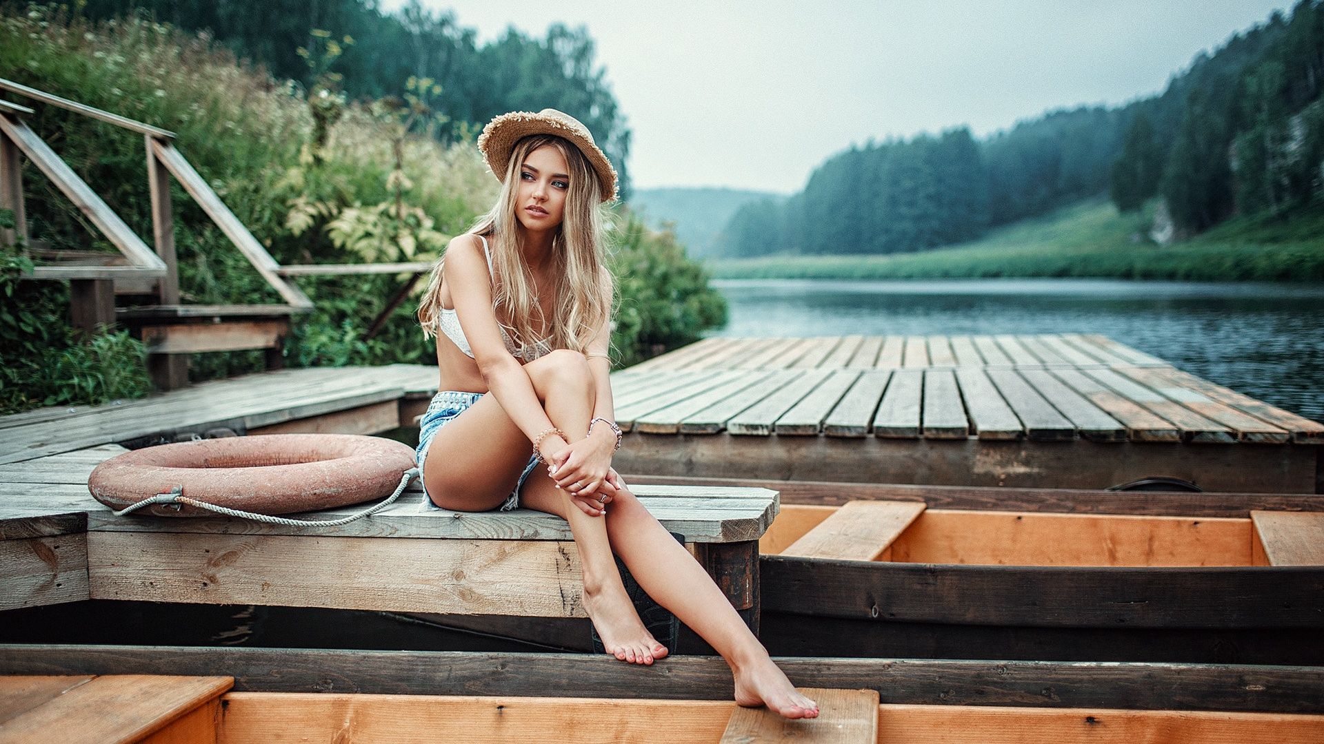 Wallpaper Short jeans, sitting, dock, lake, girl model