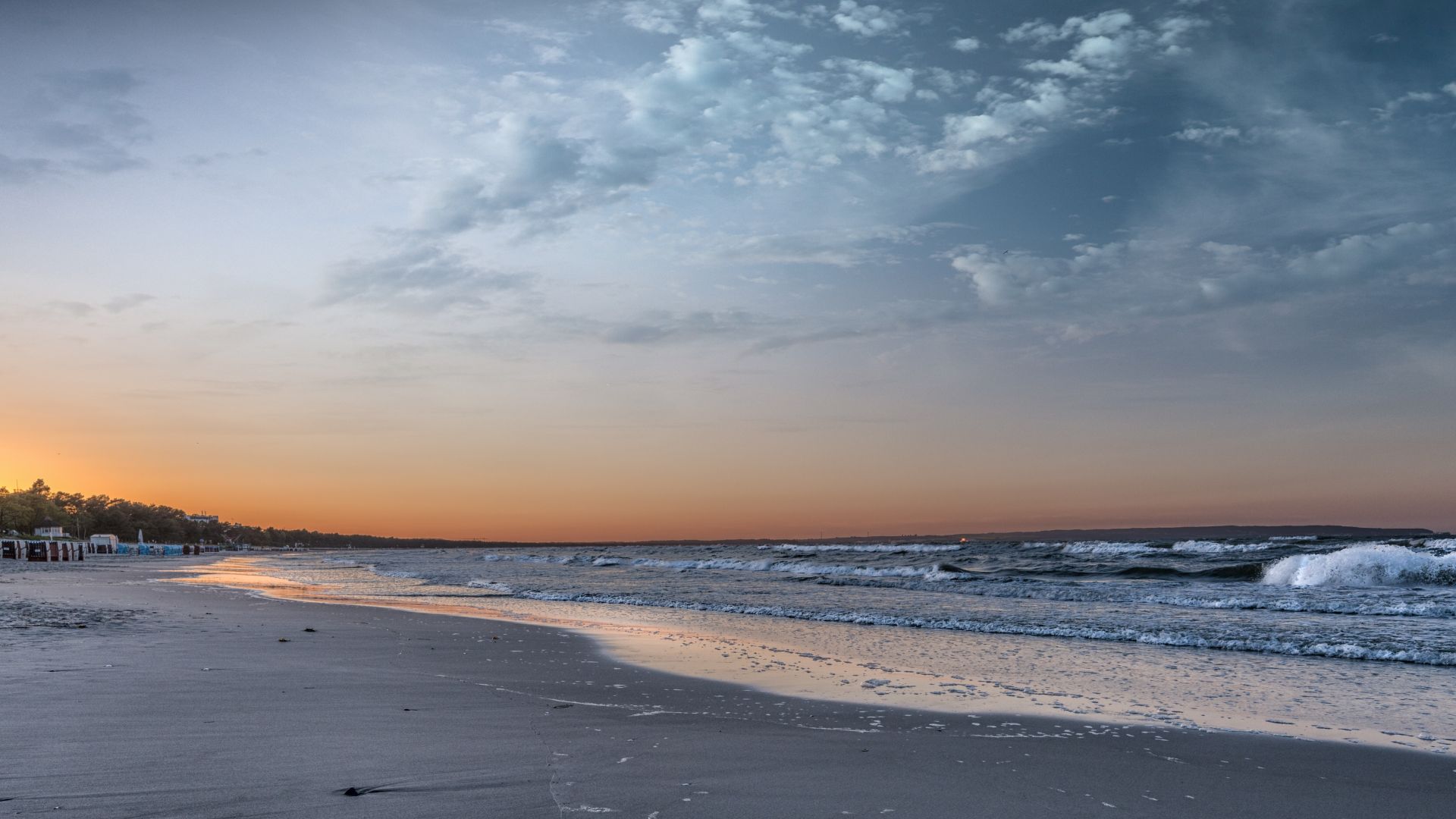 Wallpaper Sunset, skyline, beach, sea waves