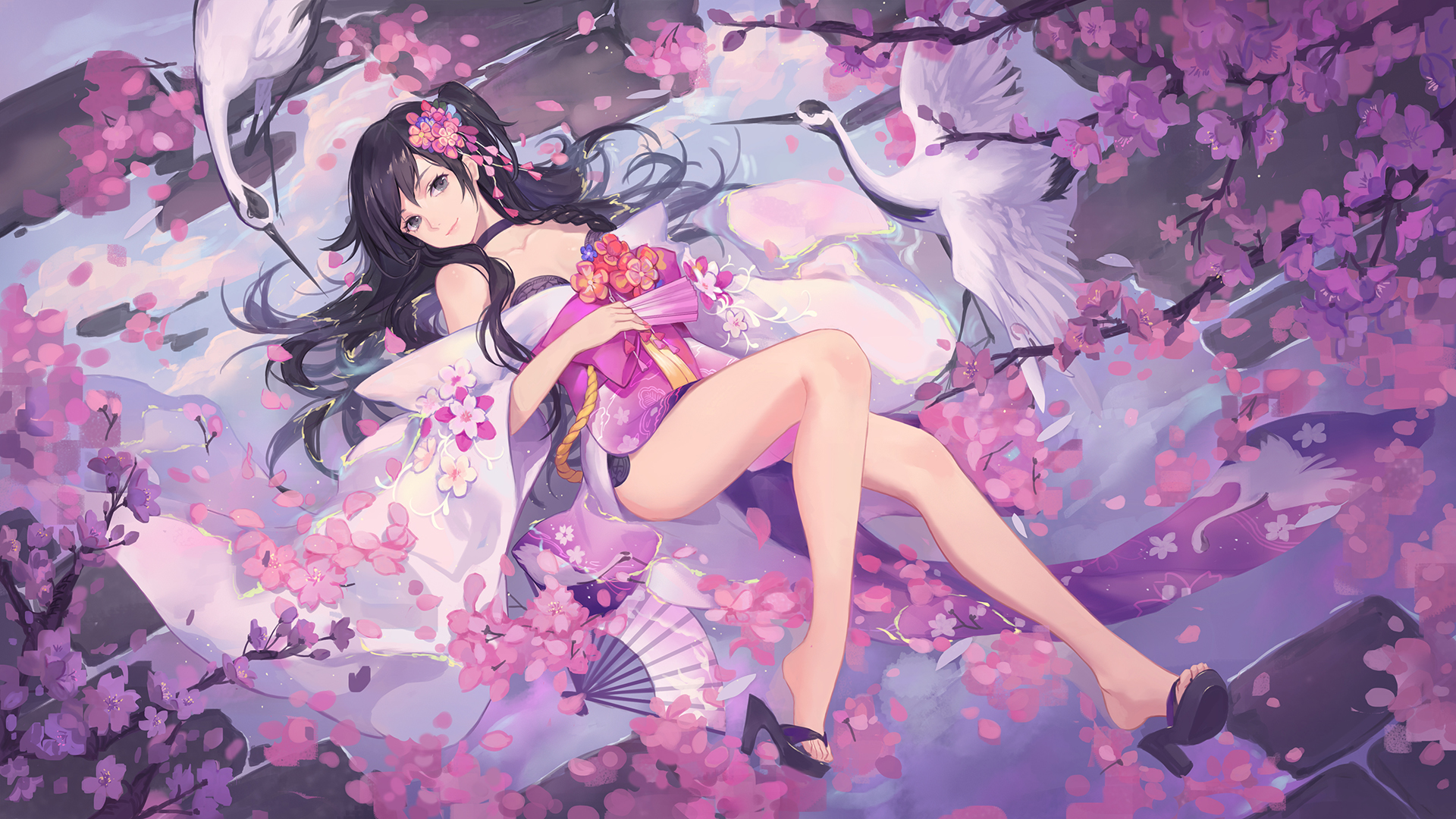 Wallpaper Lying down, anime girl, swans, blossom, original