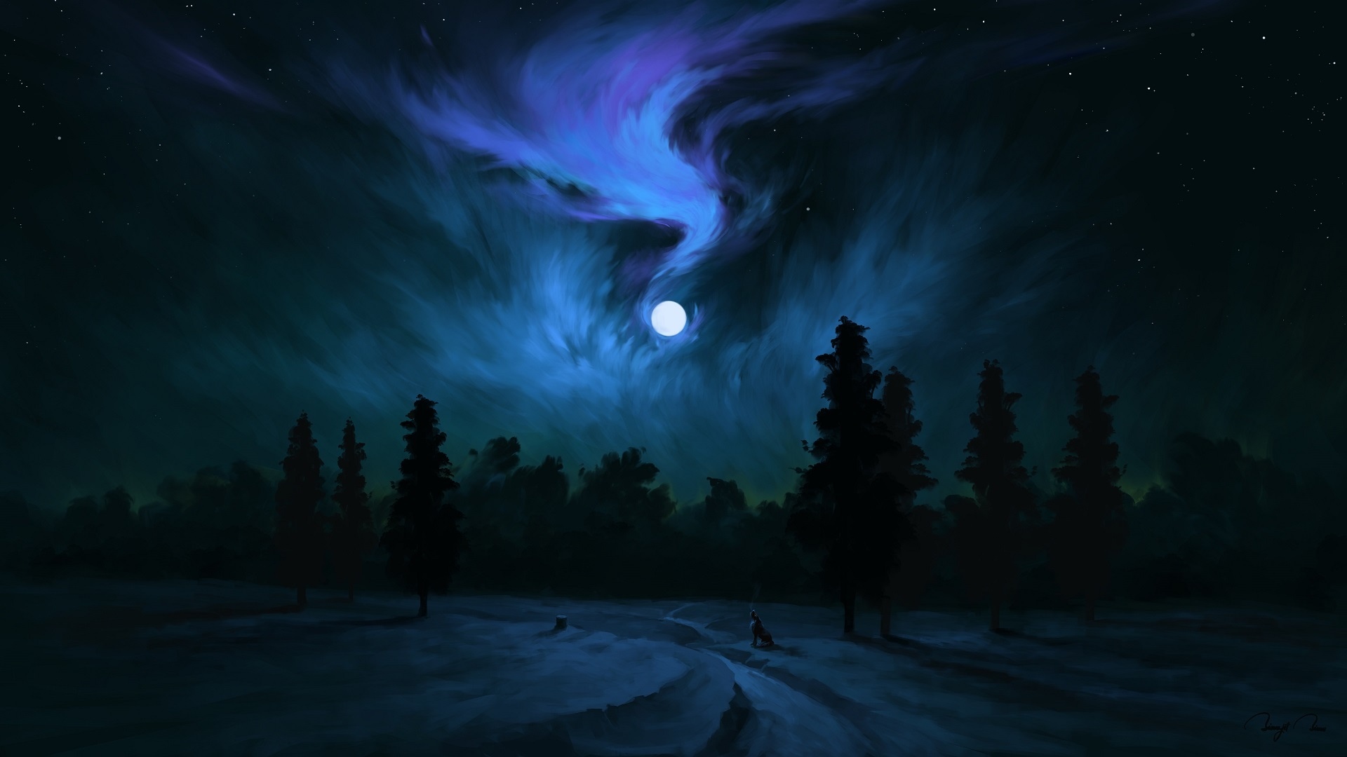 Wallpaper Moon, dark night, tree, silhouette, wolf