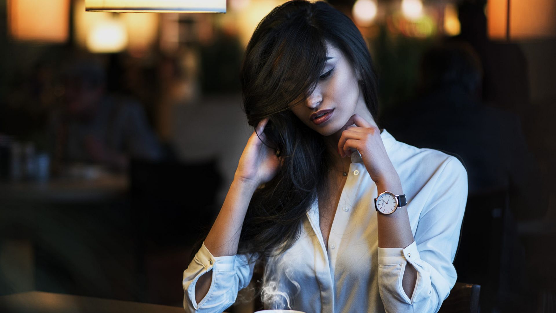 Wallpaper Long hair girl, model, drinking tea, wristwatch