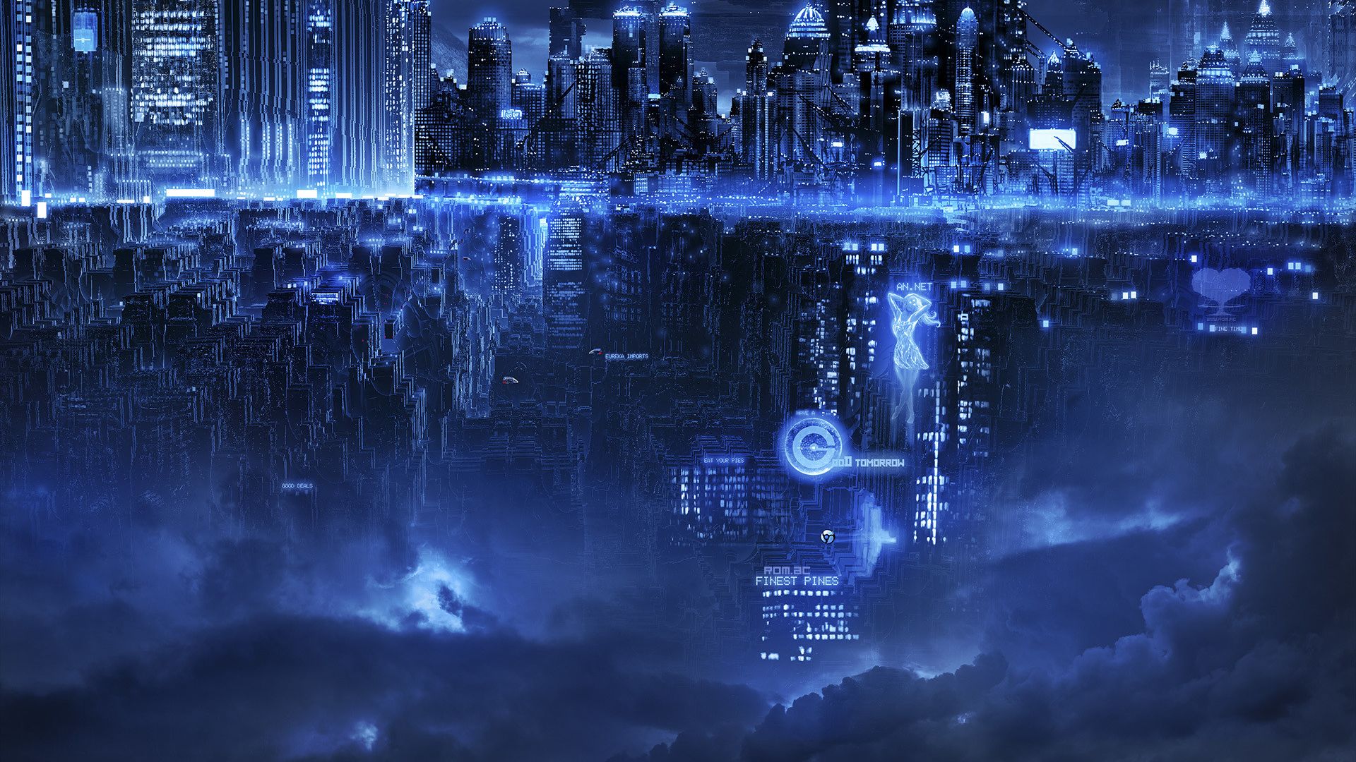 Desktop Wallpaper Future City, Blue Lights, Clouds, Art, Hd Image, Picture,  Background, Ec0ef1