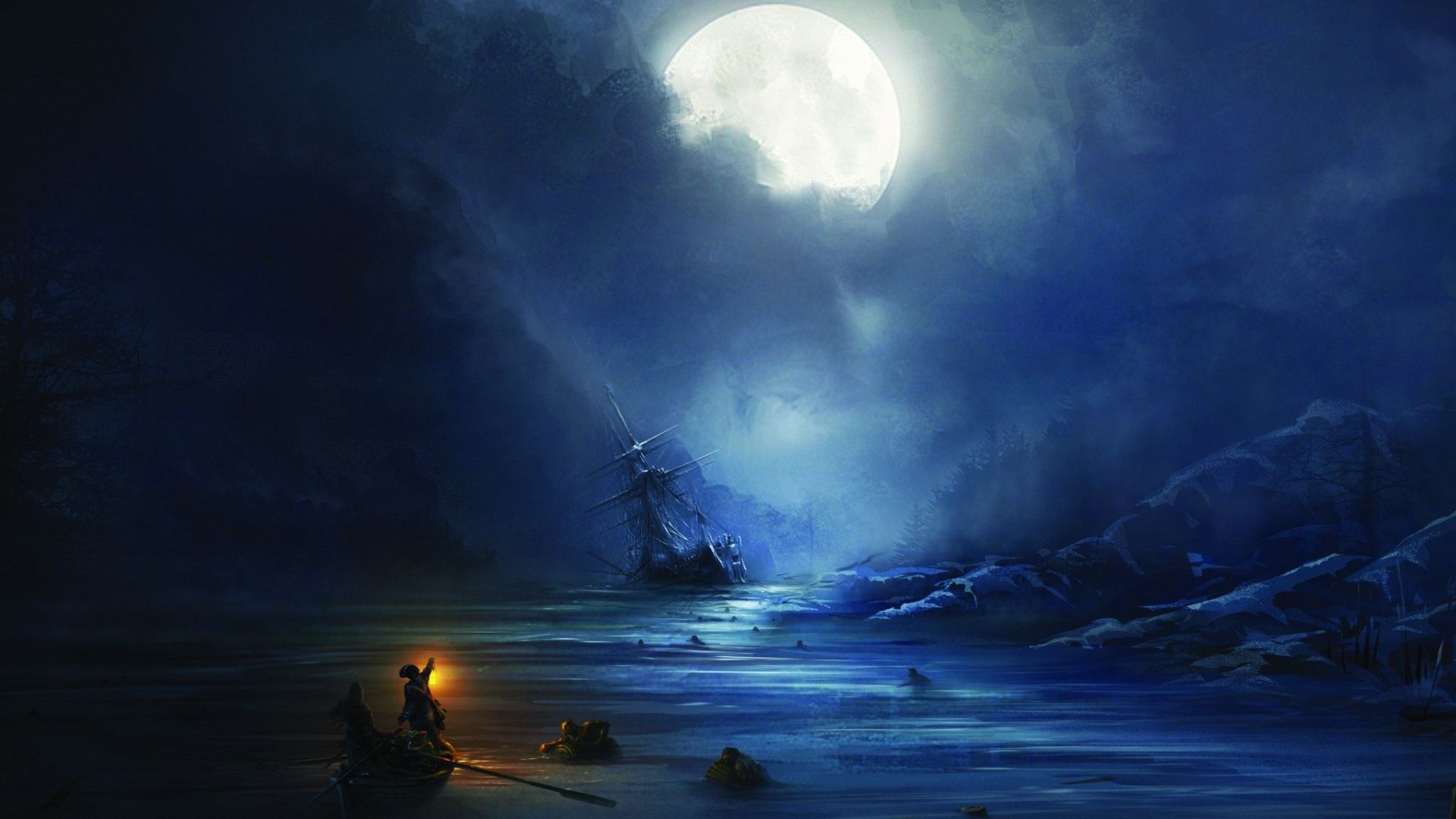 Wallpaper Boat, night, clouds, moon, art