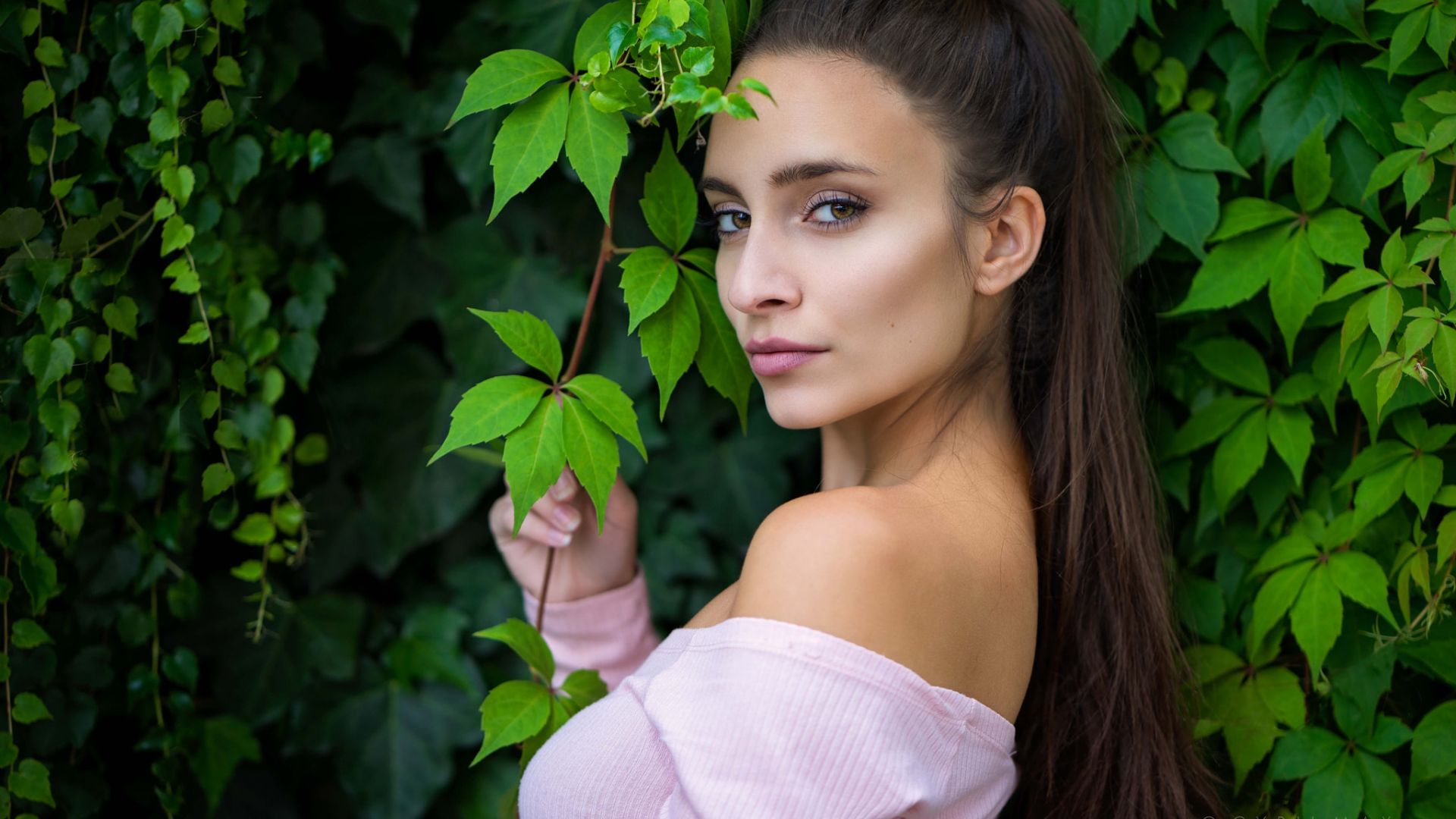 Wallpaper Leaves and woman, brunette, model