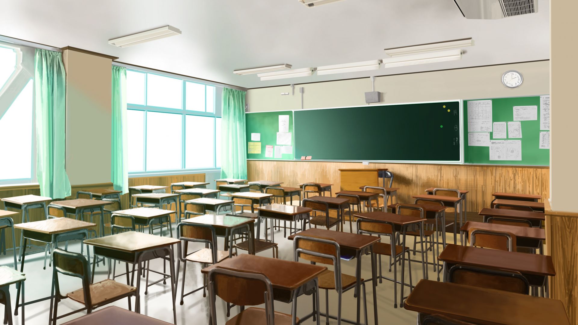 Wallpaper Anime, classroom, bench, original