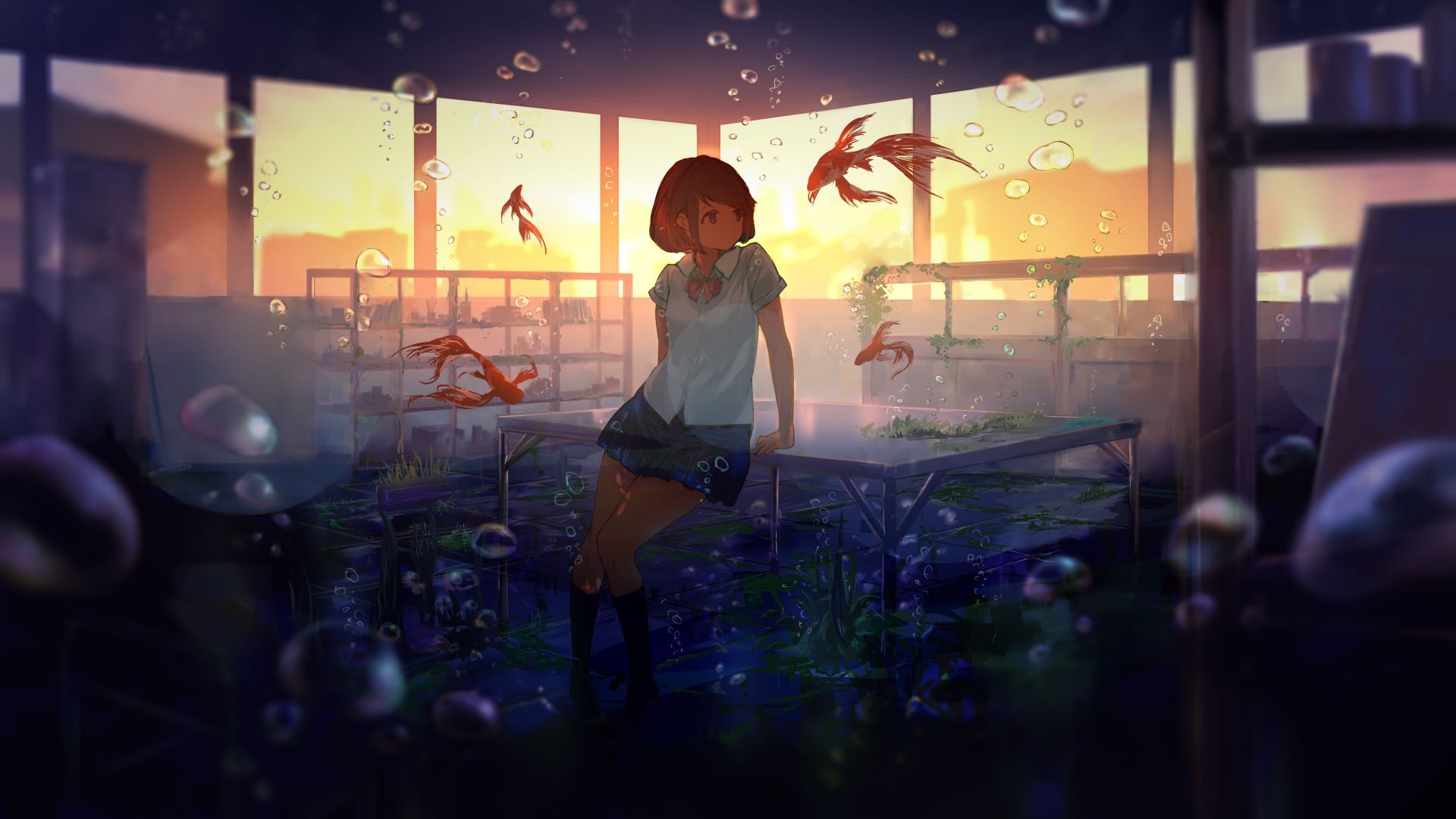Wallpaper Short hair, anime girl, bubbles, fishes