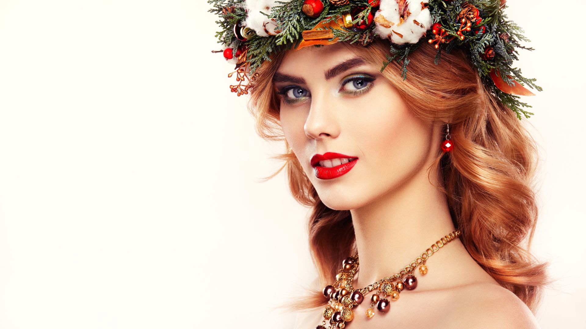 Wallpaper Red lipstick, flowers crown, girl model, 5k
