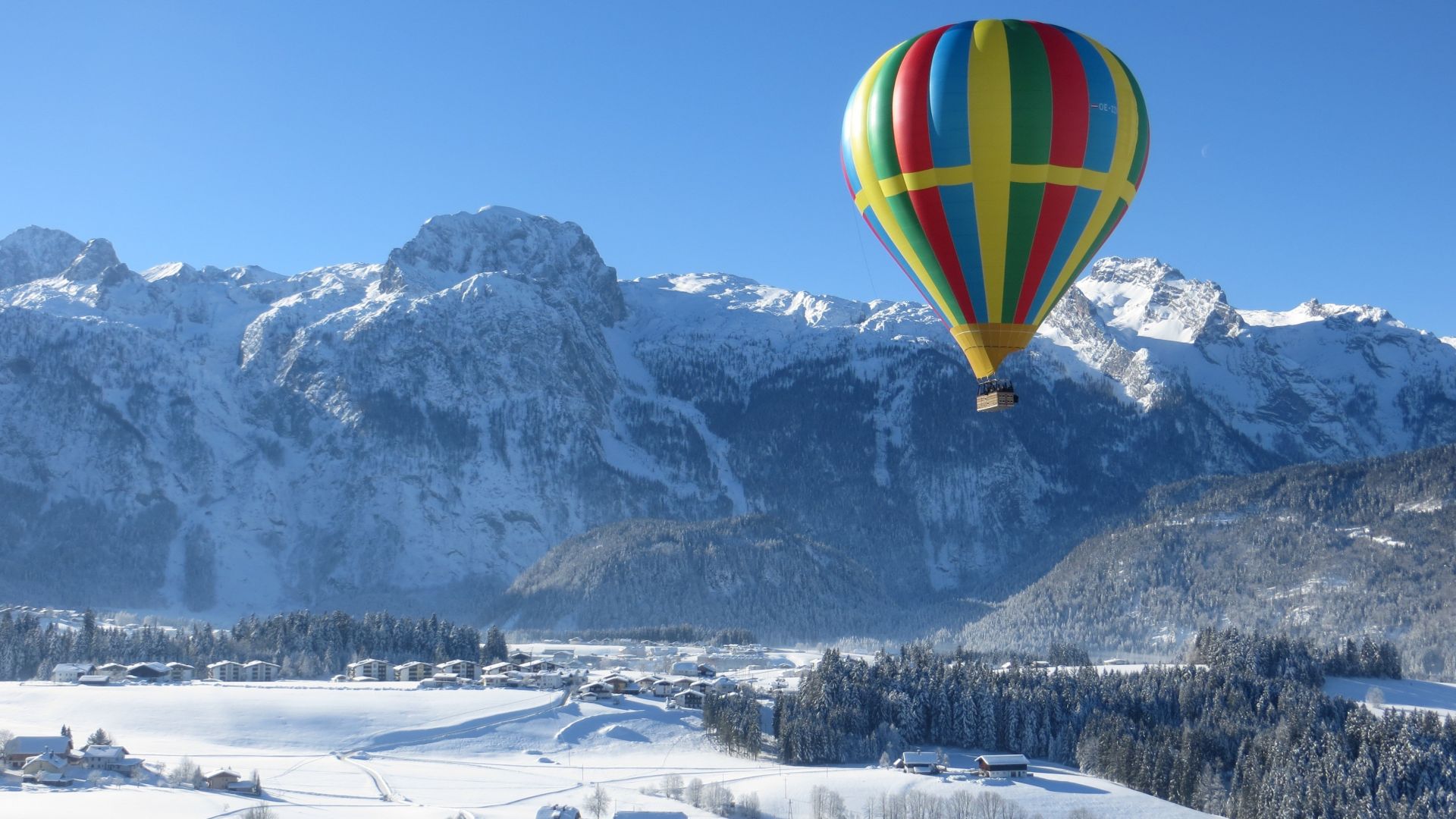 Wallpaper Hot air balloon, landscape, winter, mountains, 4k