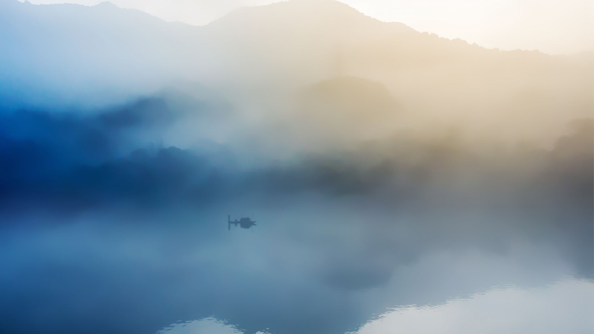 Wallpaper Boat, fishing, lake, reflections, fog, mist, mountains