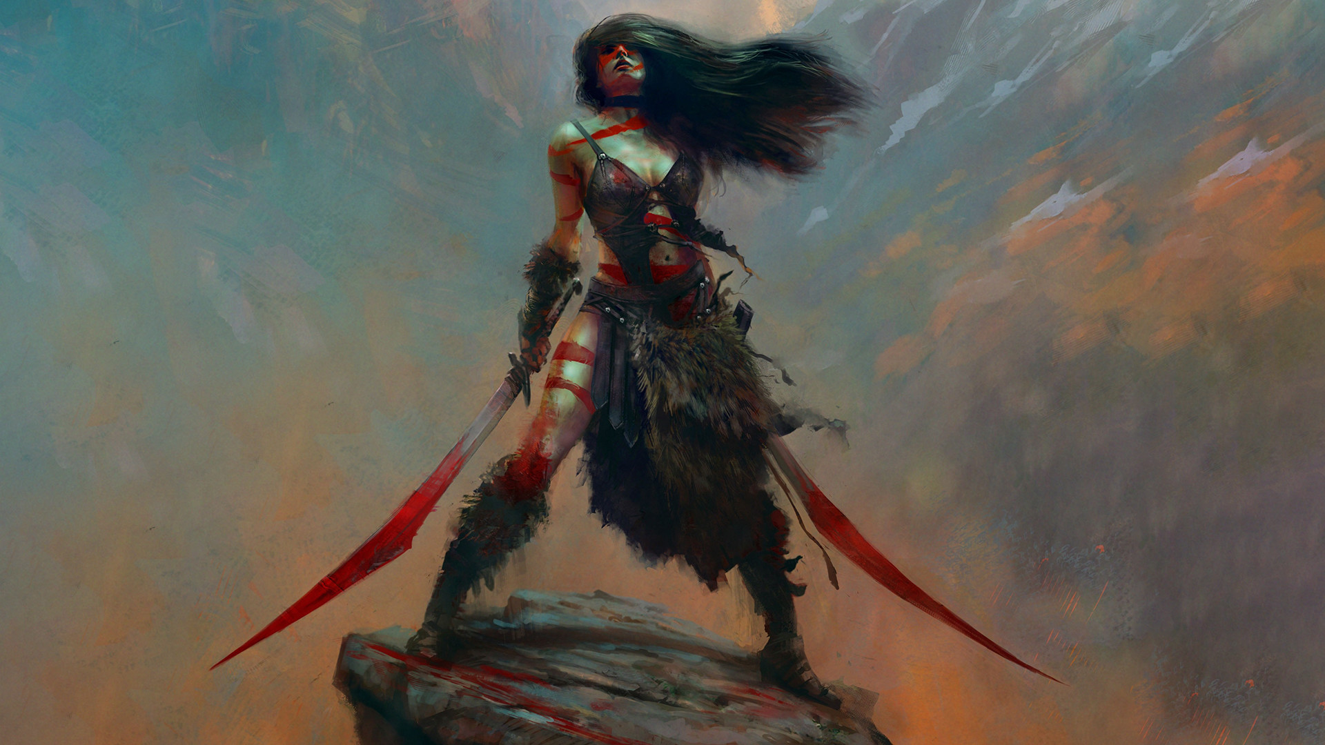 Wallpaper Girl warrior, fantasy, red swords, art